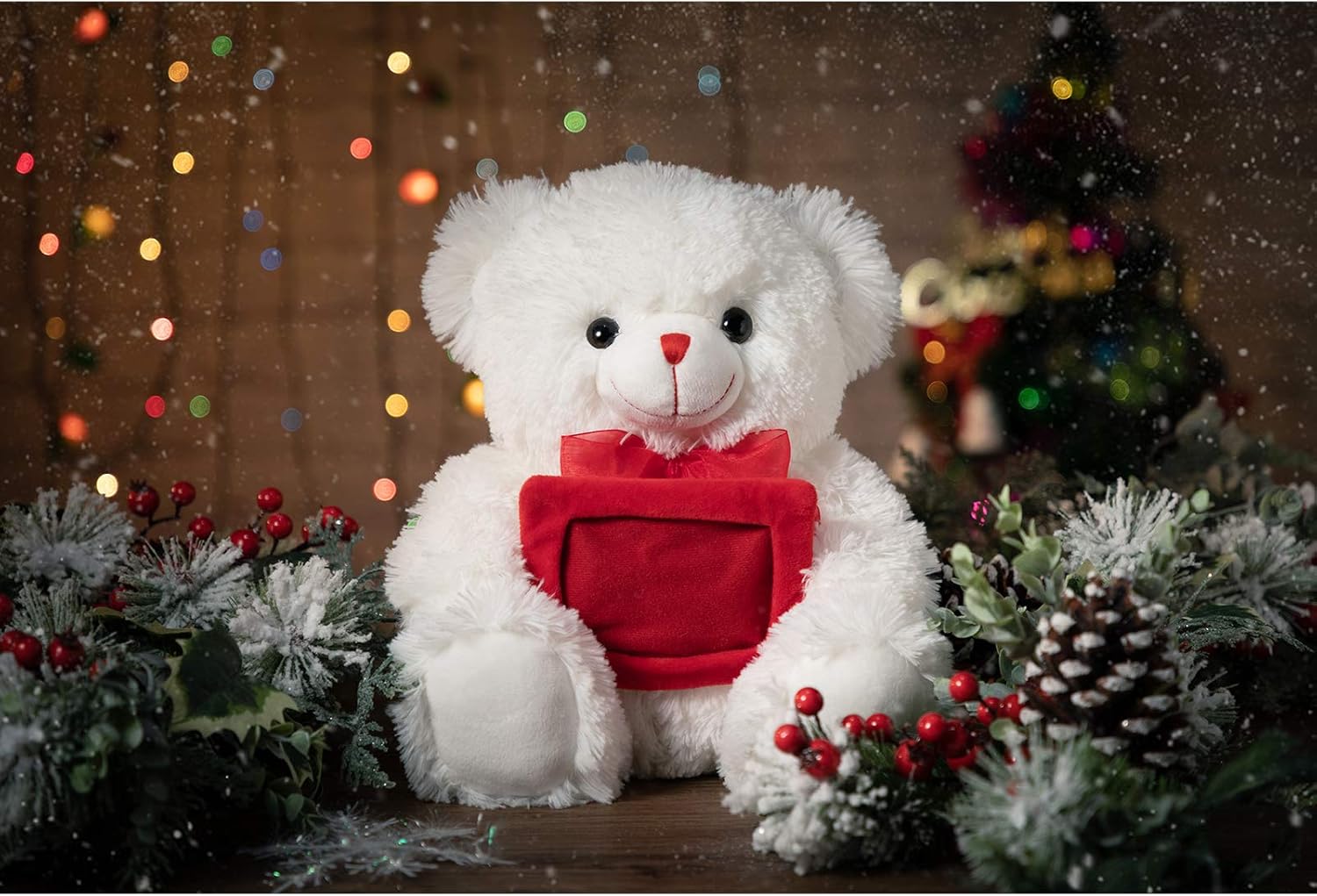 HollyHOME Teddy Bear Stuffed Animal Plush Bear with Red Bow Holding a Picture Frame Soft Plush Toy Christmas Valentine's Day Gift 12 Inches White