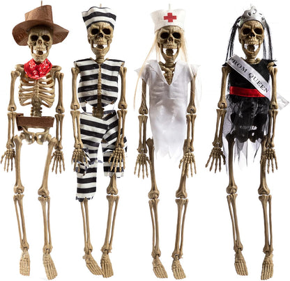 HollyHOME 4 Pieces Halloween Hanging Skeleton Props Skeleton Figures with Dress Haunted House Halloween Party Supplies Halloween Decorations Outdoor 17 Inch