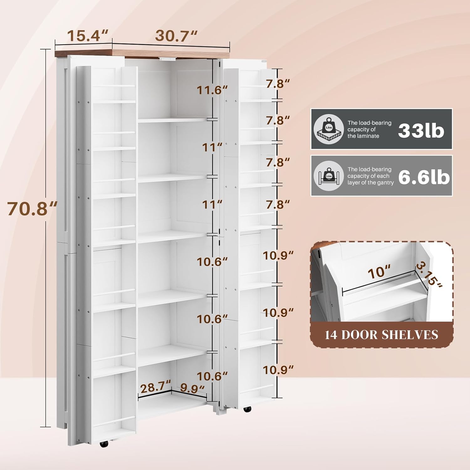 HollyHOME Kitchen Pantry Cabinet White（2-Door）