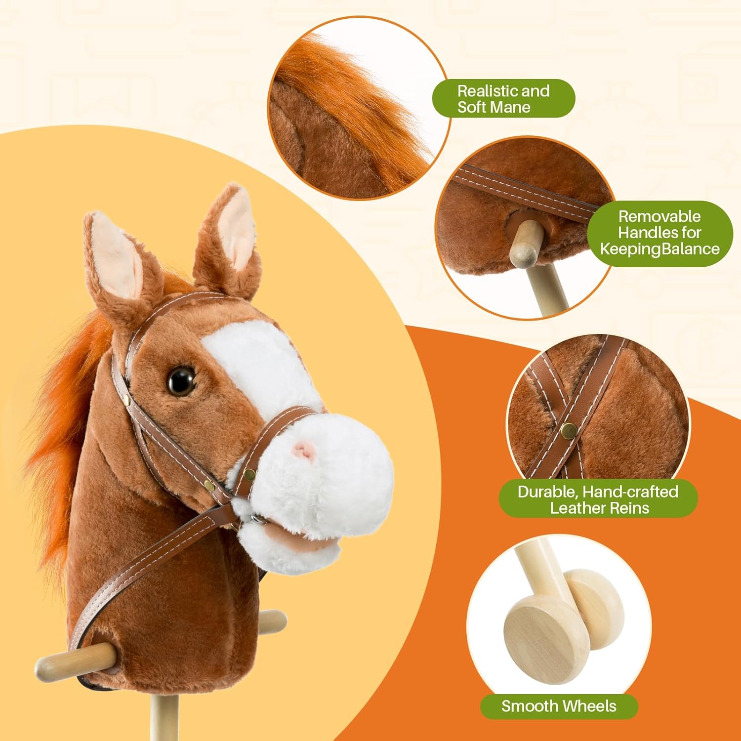 HollyHOME Stick Horse Plush Handcrafted Hobby Horse on a Stick with Wood Wheels Real Pony Neighing and Galloping Sounds for Kids Toddlers Appaloosa 36 Inches (AA Batteries Required)