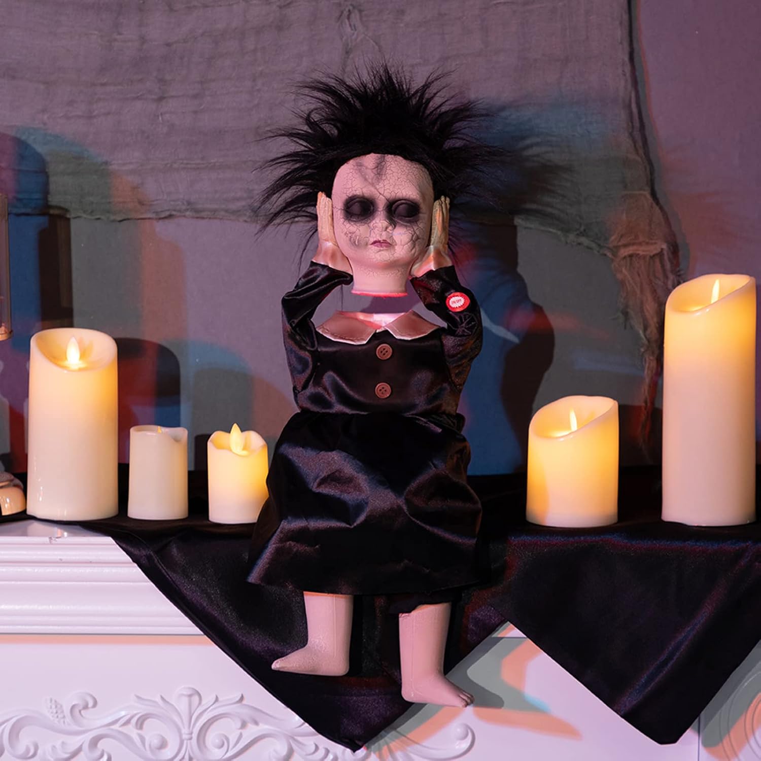 HollyHOME Halloween Decorations Creepy Animated Haunted Doll Prop with Moving Head Gift for Halloween Black