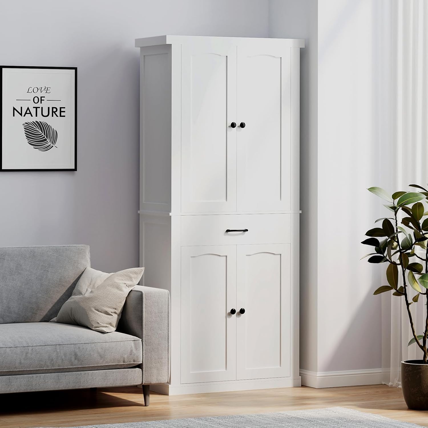HollyHOME Kitchen Pantry Cabinet White（4-Door）