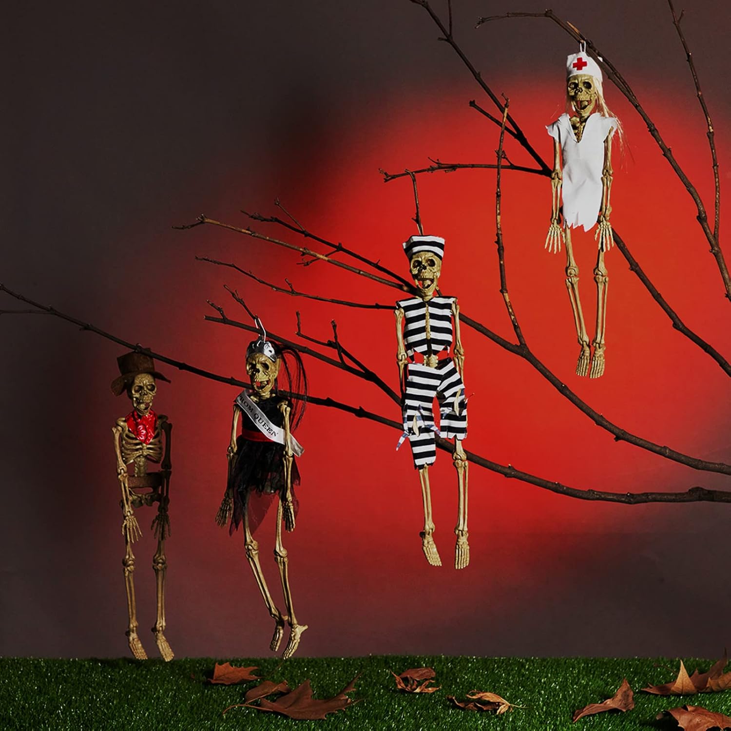HollyHOME 17 Inch 4 Pieces Halloween Hanging Skeleton Props Skeleton Figures with Dress Haunted House