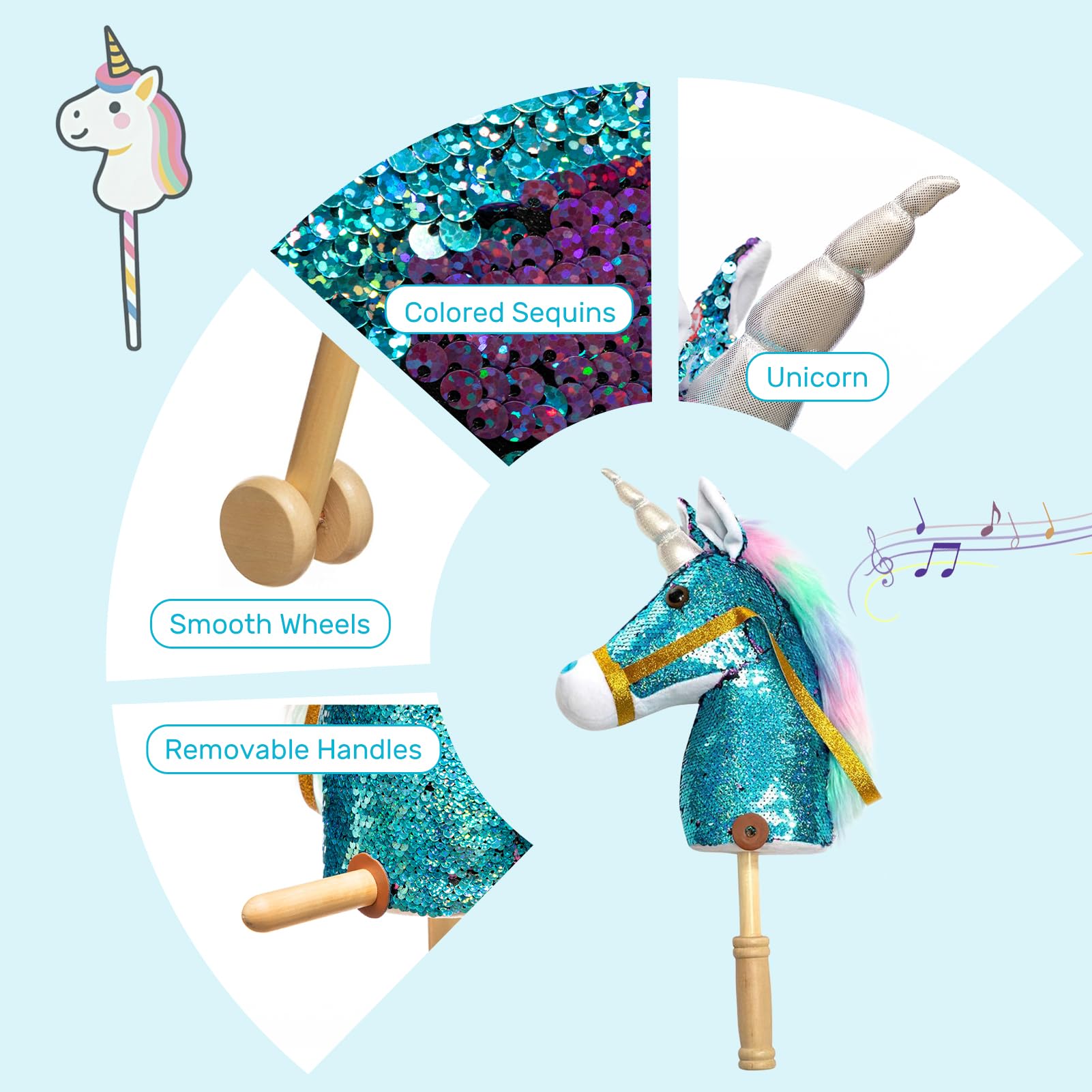 HollyHOME Unicorn Stick Horse with Wood Wheels Real Pony Neighing and Galloping Sounds Plush Unicorn Toy Pink with Rainbow Mane 36 Inches(AA Batteries Required)
