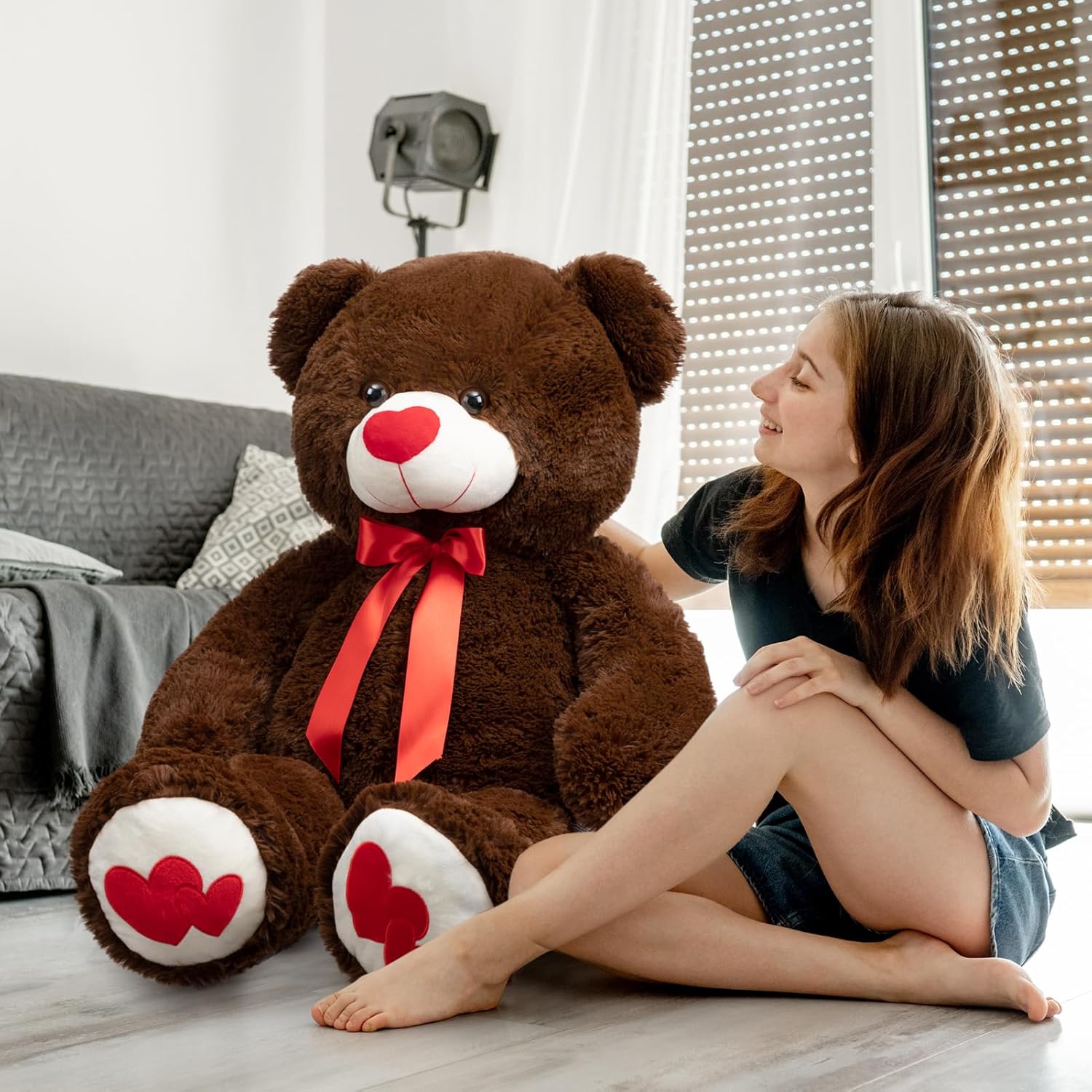 HollyHOME Big Teddy Bear Stuffed Animal Large Bear Plush with Red Heart for Girlfriend and Kids Valentine's Day 36 inch Beige