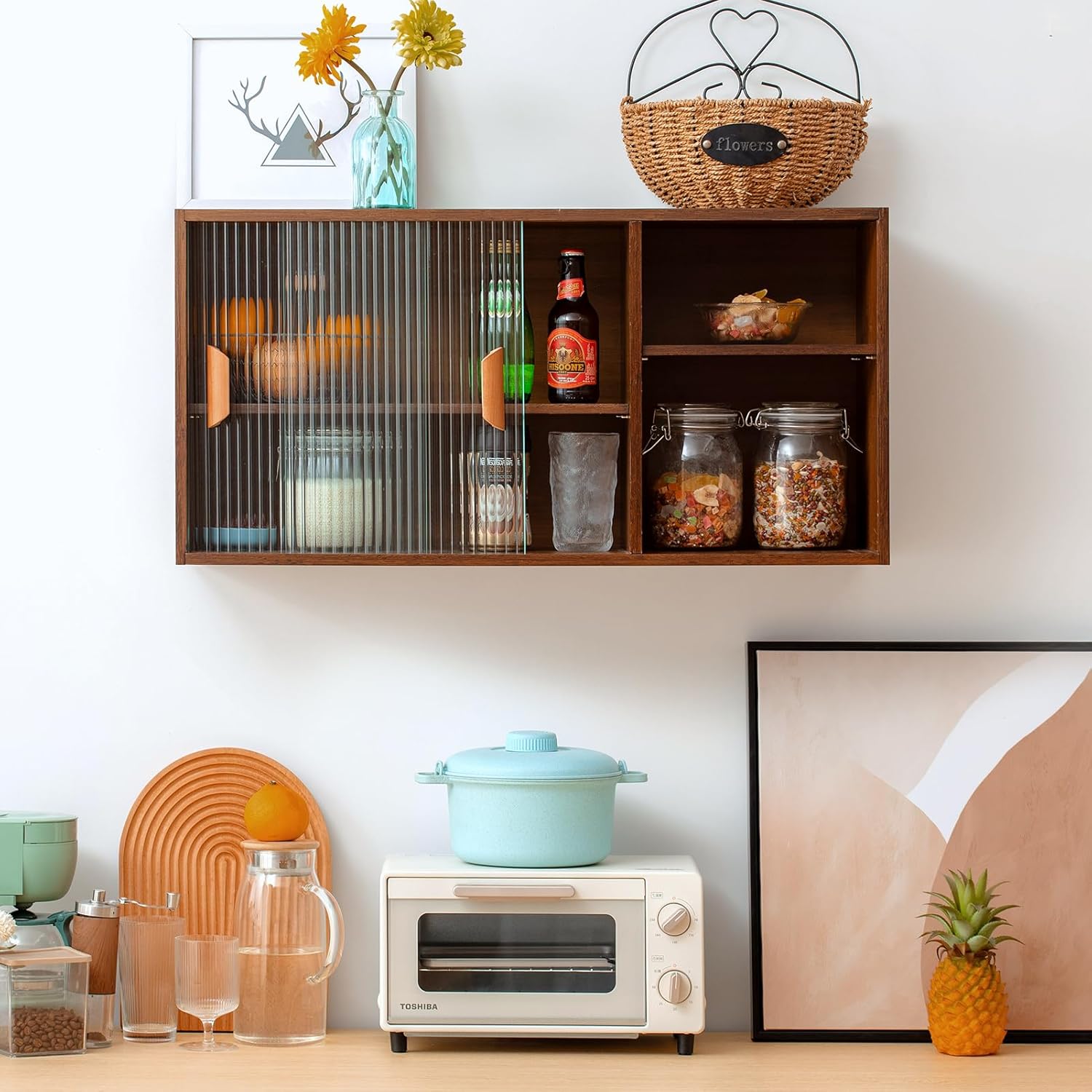 HollyHOME Small Bamboo Kitchen Pantry Sideboard with 2 Sliding Striped Glass Doors, Freestanding Countertop Storage Cabinet for Bottles, Dish, Bowl, Console Dining Cupboard, Walnut