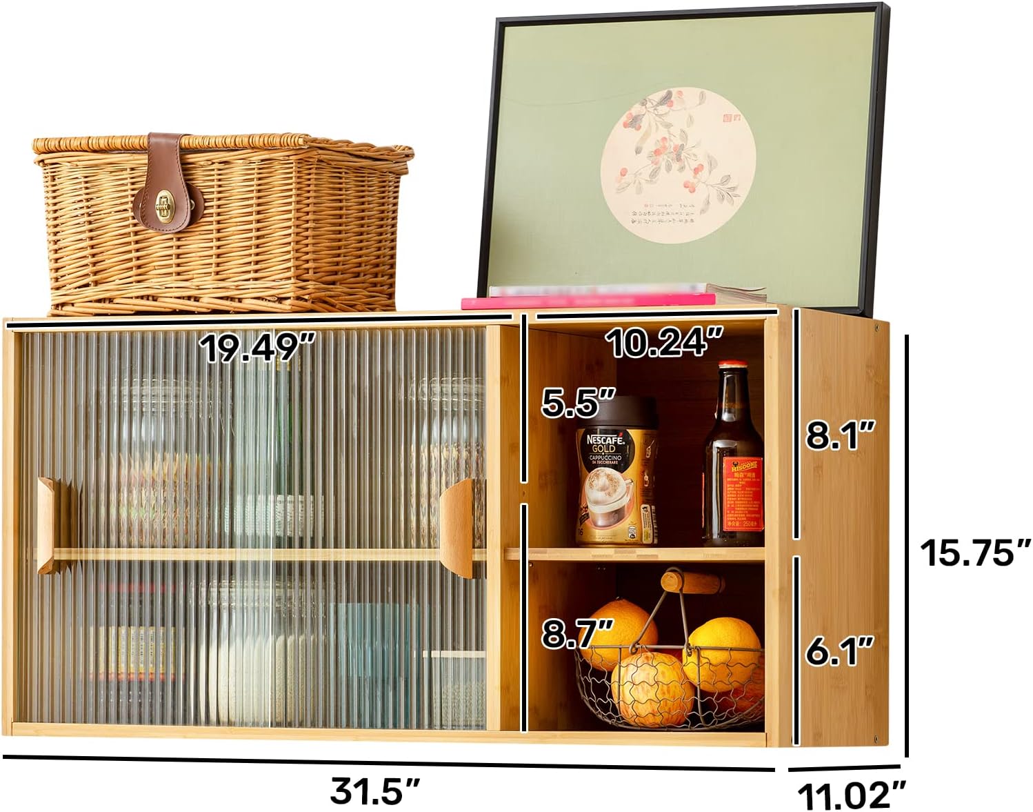 HollyHOME Small Bamboo Wall Mounted Kitchen Pantry Sideboard with 2 Doors, Coffee Wine Bar Storage Cabinet for Liquor and Glasses, Console Dining Cupboard for Bottle, Dish, Burlywood