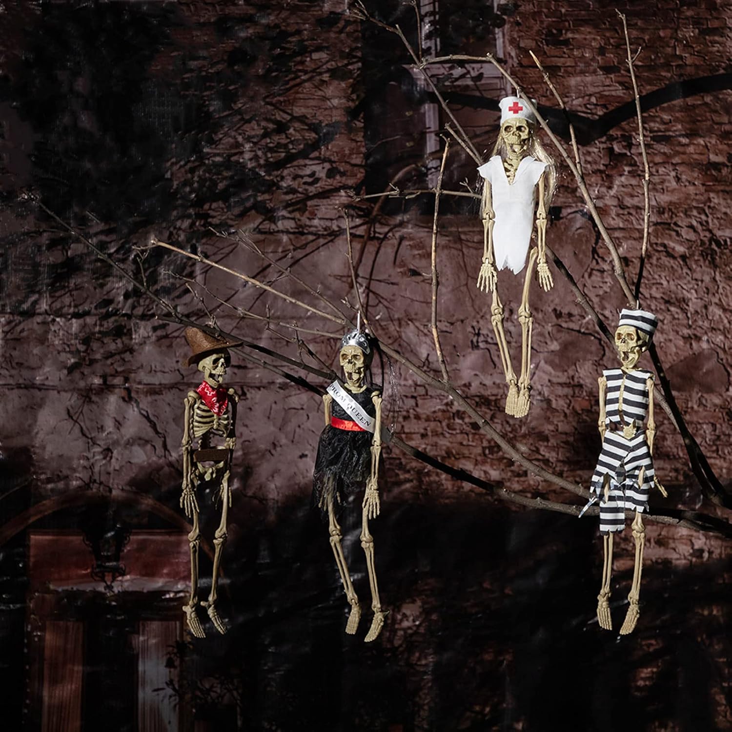 HollyHOME 17 Inch 4 Pieces Halloween Hanging Skeleton Props Skeleton Figures with Dress Haunted House