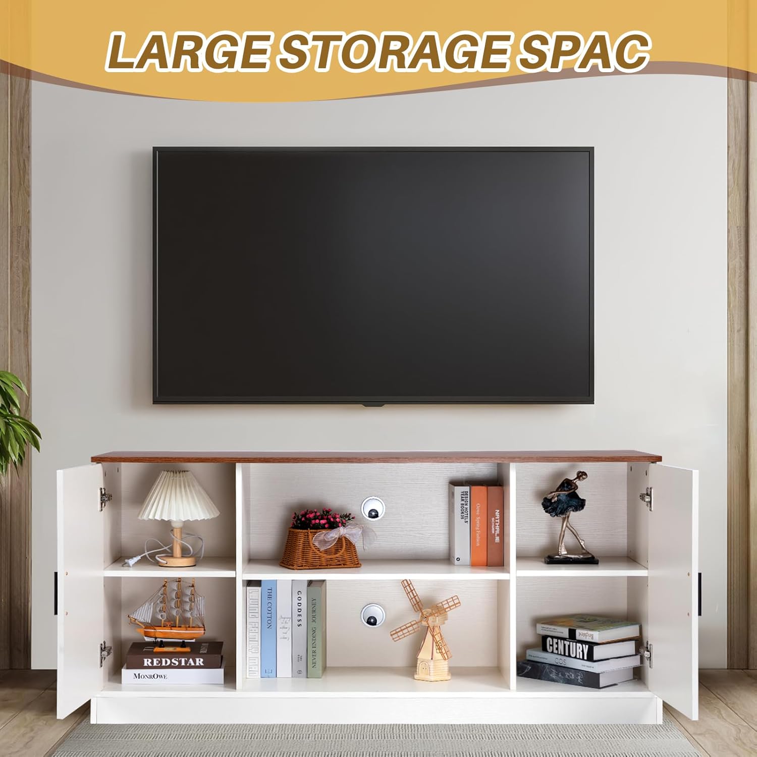 HollyHOME White Farmhouse TV Stand for Televisions up to 65”