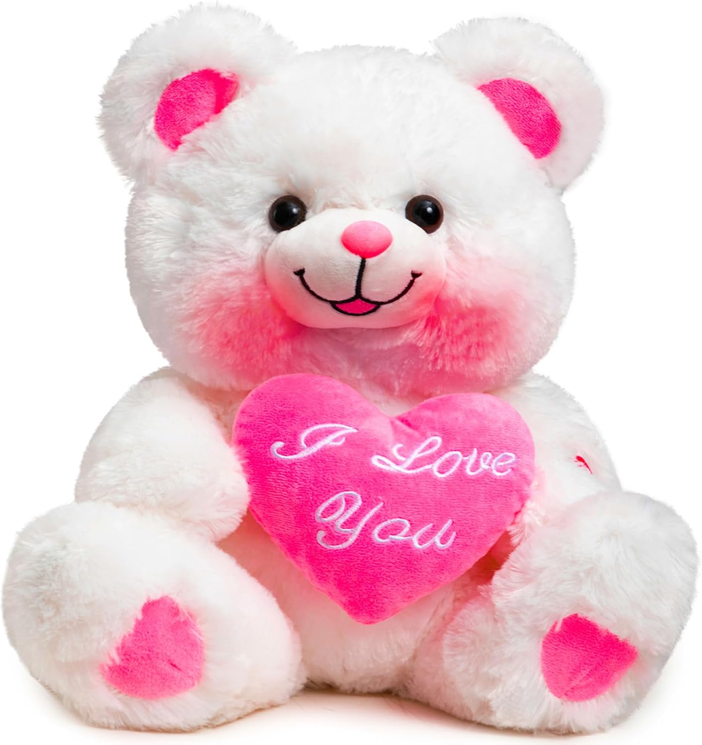 HollyHOME Teddy Bear with Pink Heart Plush Bear That Says I Love You and Blushes LED Stuffed Toys for Girlfriend and Kids Valentine's Day 13 inch White