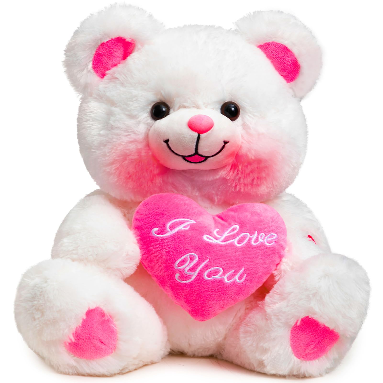 HollyHOME Teddy Bear with Pink Heart Plush Bear That Says I Love You and Blushes LED Stuffed Toys for Girlfriend and Kids Valentine's Day 13 inch White