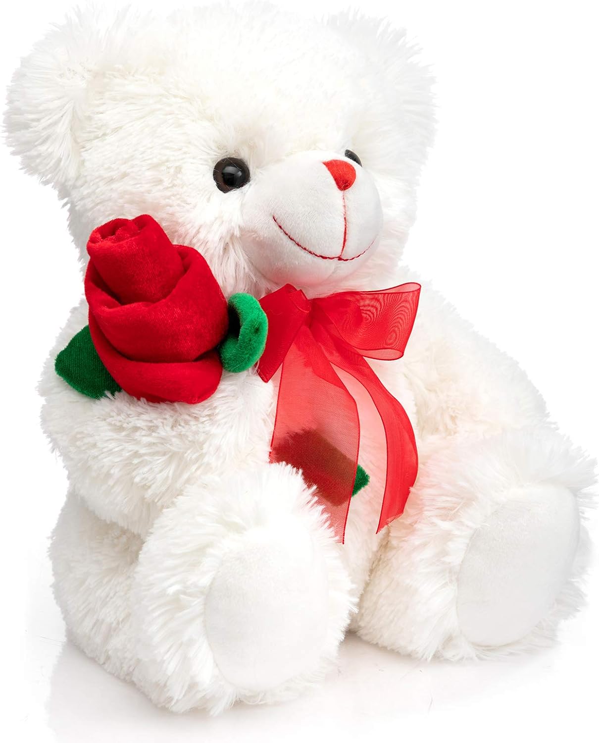 HollyHOME Teddy Bear Stuffed Animal Rose Bear with Red Bow Soft Plush Toy Holiday Valentine's Day Gift 12 Inches White