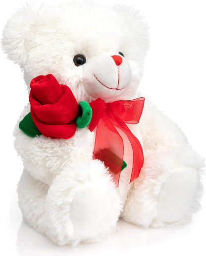 HollyHOME Teddy Bear Stuffed Animal Rose Bear with Red Bow Soft Plush Toy Holiday Valentine's Day Gift 12 Inches White