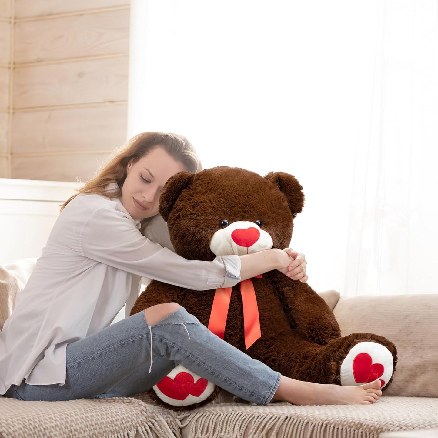 HollyHOME Big Teddy Bear Stuffed Animal Large Bear Plush with Red Heart for Girlfriend and Kids Valentine's Day 36 inch Beige