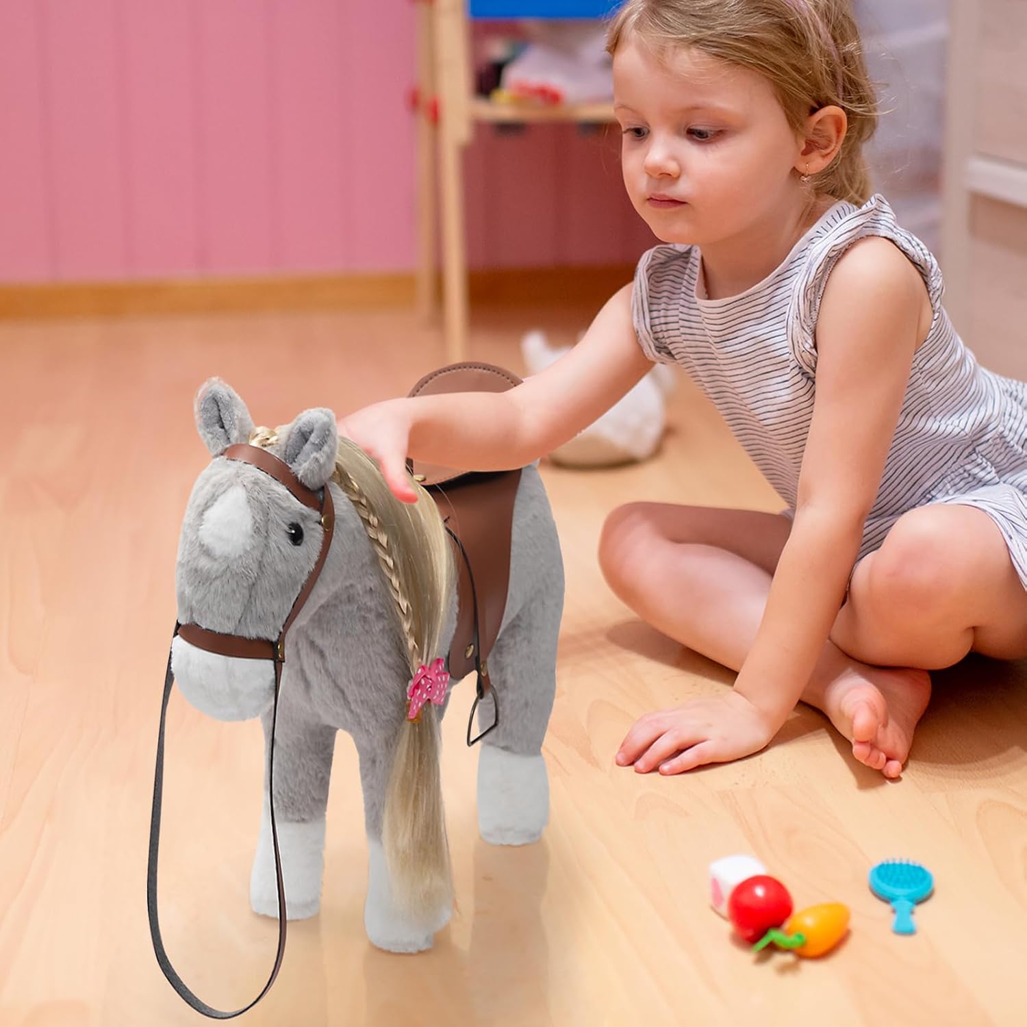 HollyHOME Stuffed Animal Horse Pretty Plush Toy Pretend Play Horse 11 inches Grey