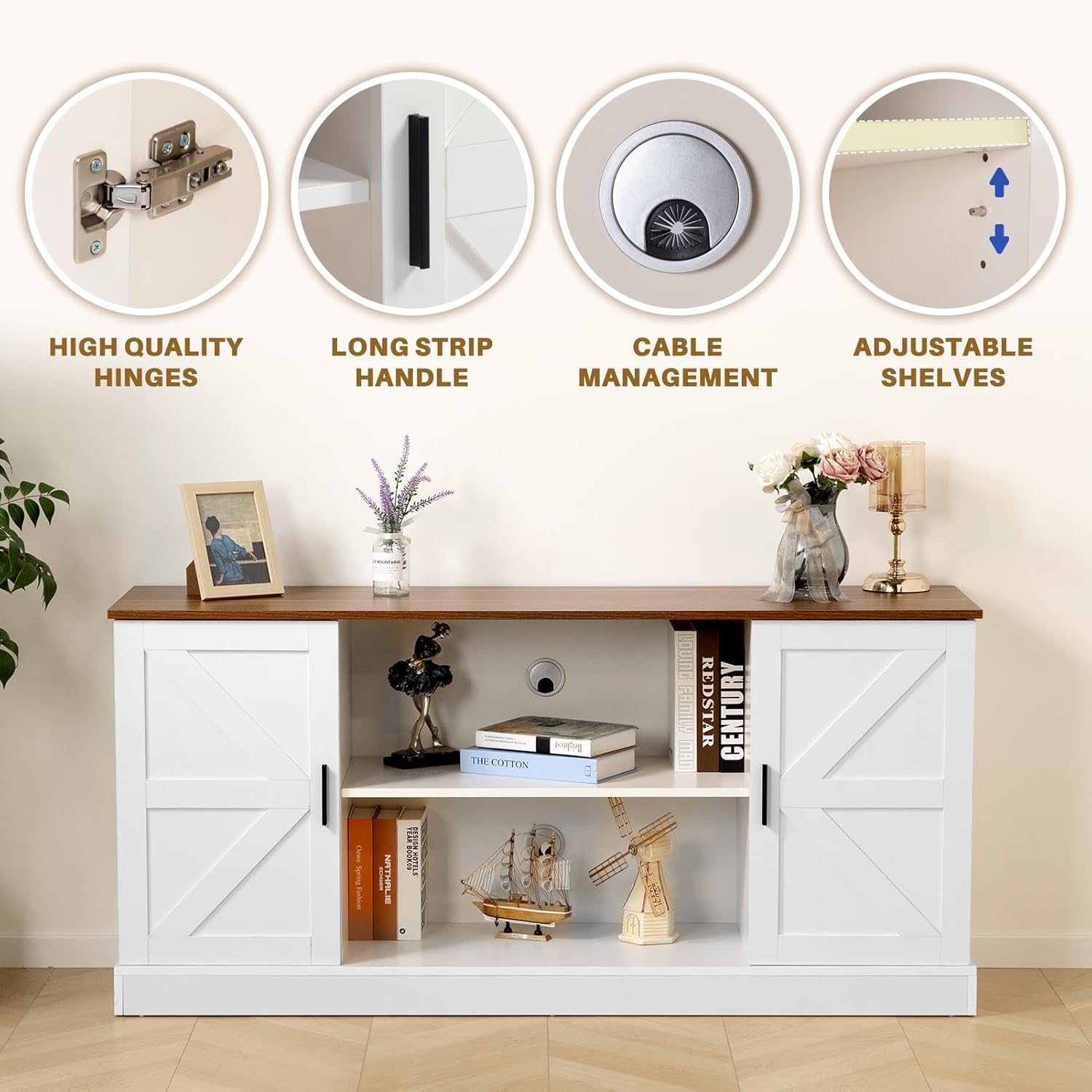 HollyHOME White Farmhouse TV Stand for Televisions up to 65”