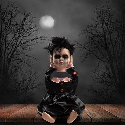 HollyHOME Halloween Decorations Creepy Animated Haunted Doll Prop with Moving Head Gift for Halloween Black