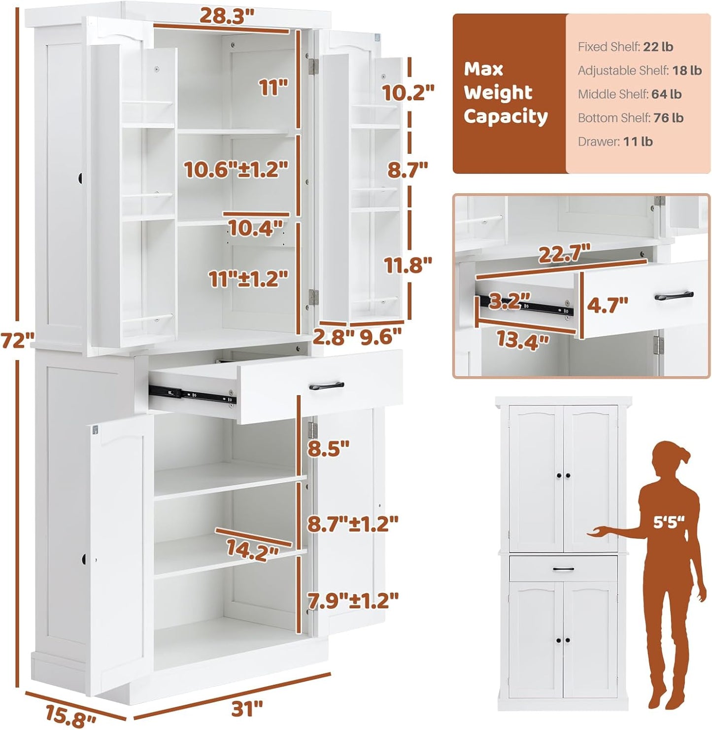 HollyHOME 72" Tall Kitchen Pantry, Freestanding Cupboard Storage Cabinet with Drawer, Adjustable Shelves and Door Shelves for Kitchen, Living Room, Bathroom, White