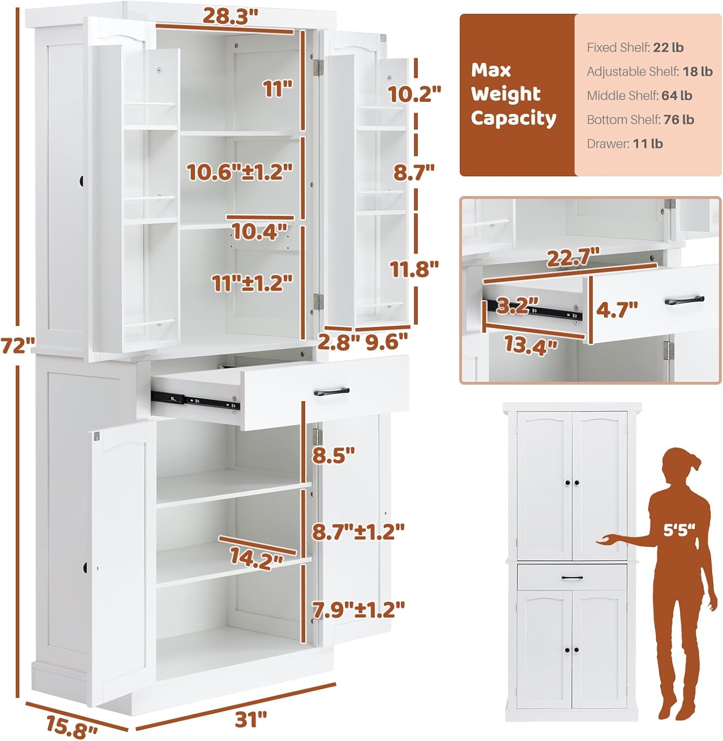 HollyHOME Kitchen Pantry Cabinet White（4-Door）