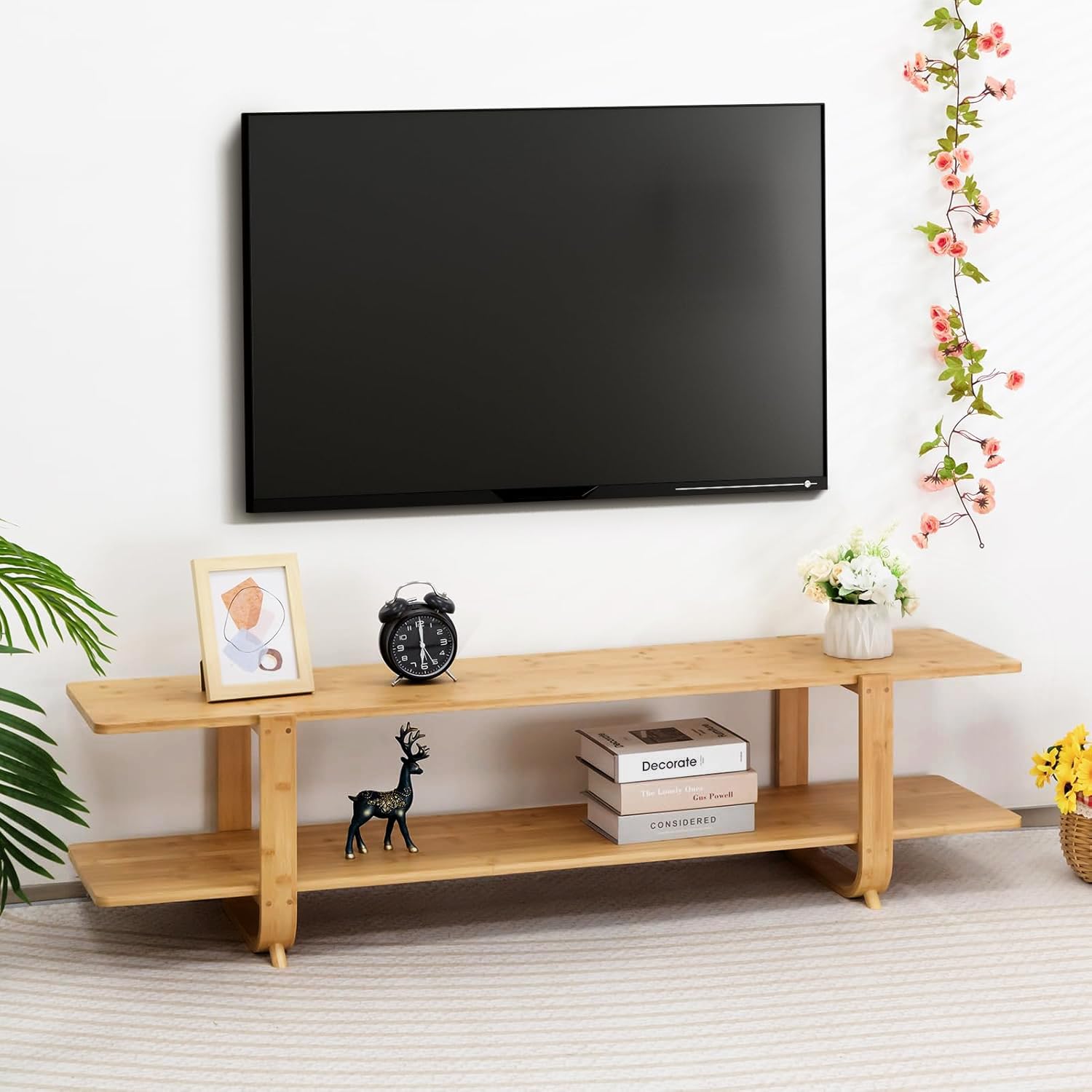 HollyHOME 55"(L) Burlywood Bamboo TV Stand with Storage