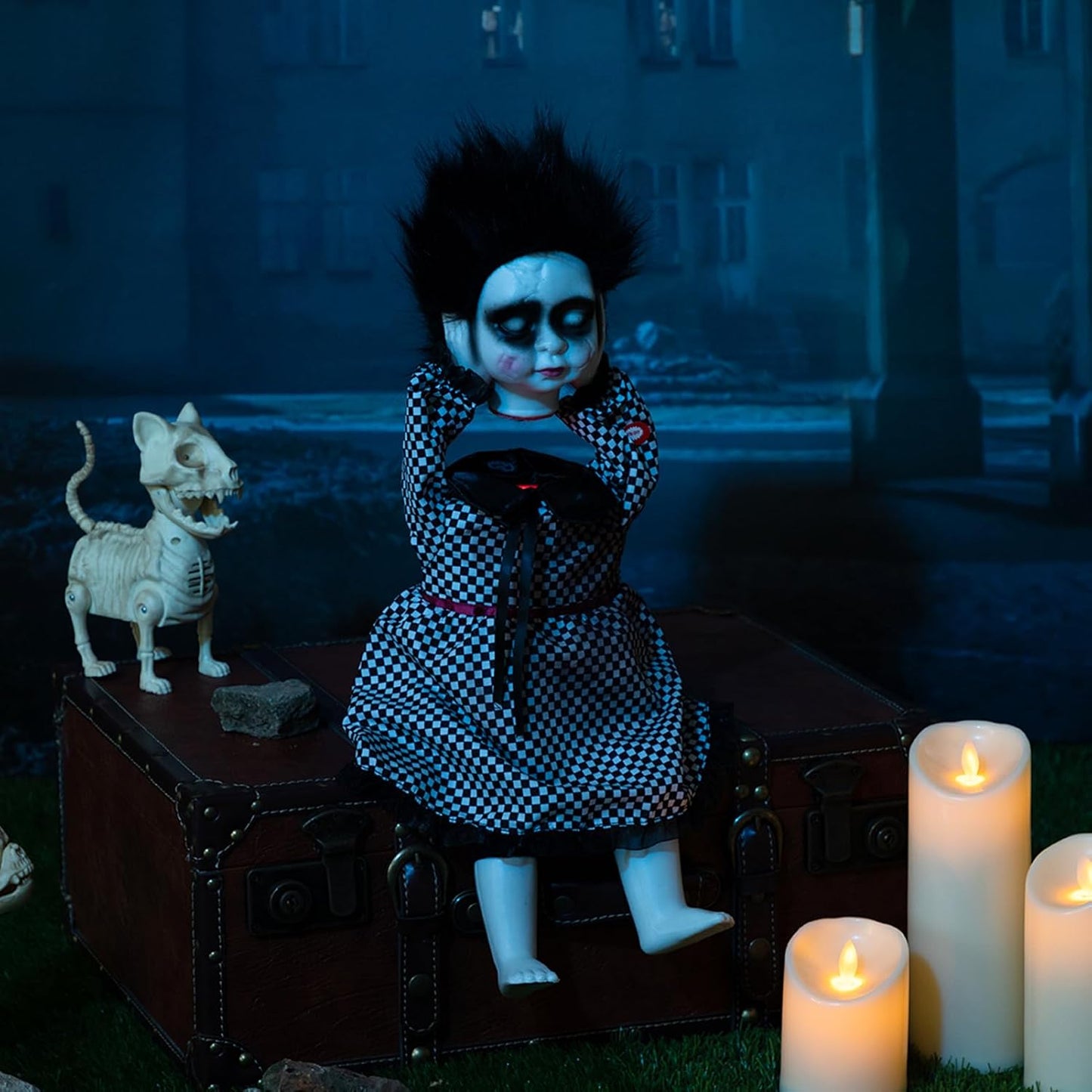 HollyHOME Halloween Creepy Doll with Black Hair Animatronic Haunted Doll Prop with Moving Head and Horrible Sound Halloween Outdoor Indoor Decoration