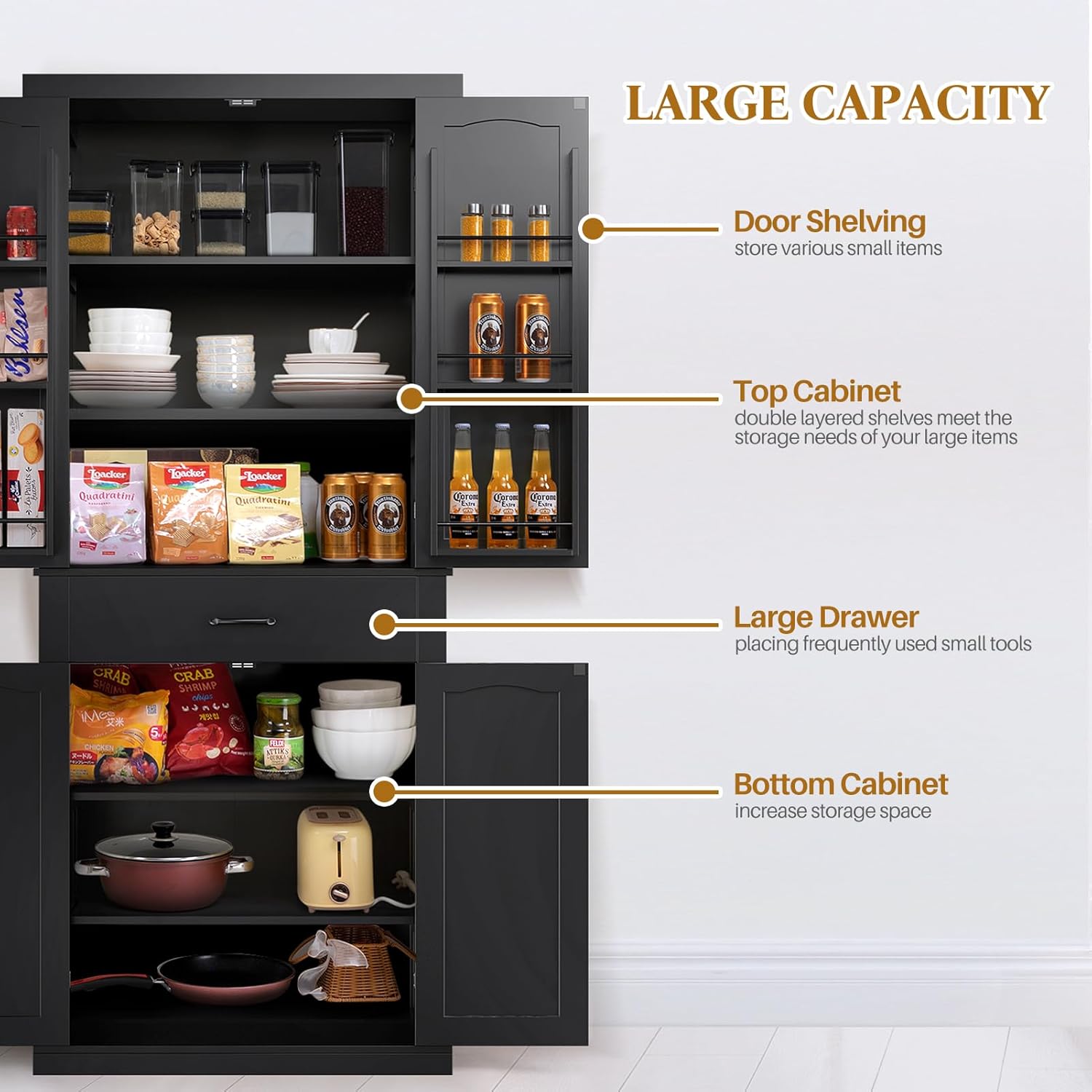 HollyHOME Kitchen Pantry Cabinet White（4-Door）