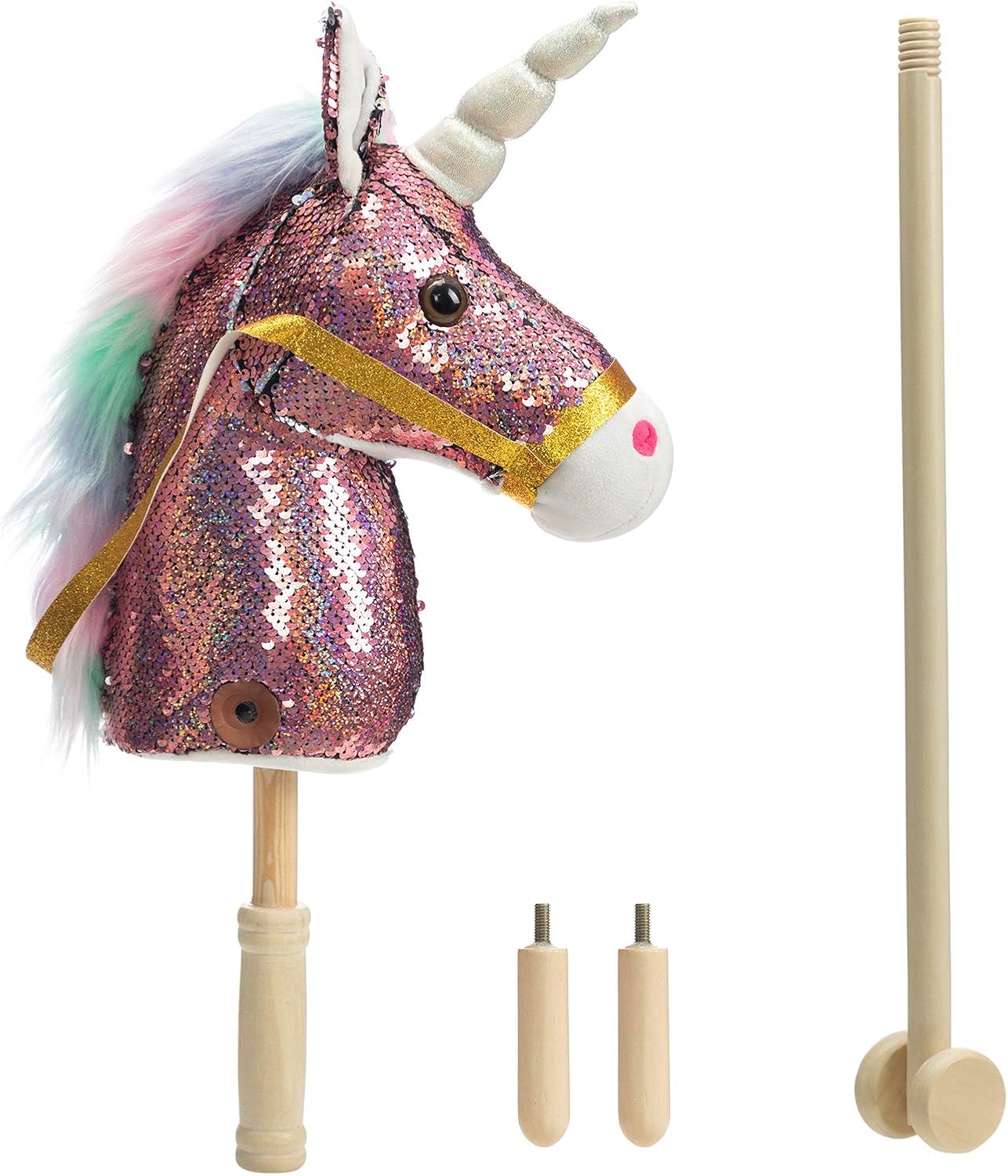 HollyHOME Unicorn Stick Horse Handcrafted Hobby Horse on a Stick with Wood Wheels Real Pony Neighing and Galloping Sounds Plush Unicorn Toy Purple 36 Inches(AA Batteries Required)