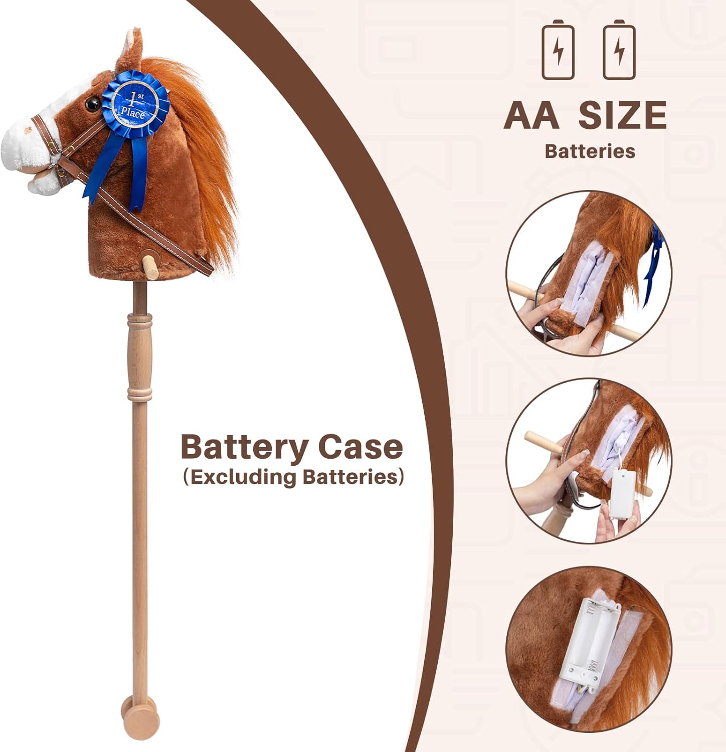 HollyHOME Stick Horse Plush Handcrafted Hobby Horse on a Stick with Wood Wheels Real Pony Neighing and Galloping Sounds for Kids Toddlers Beige 36 Inches(AA Batteries Required)