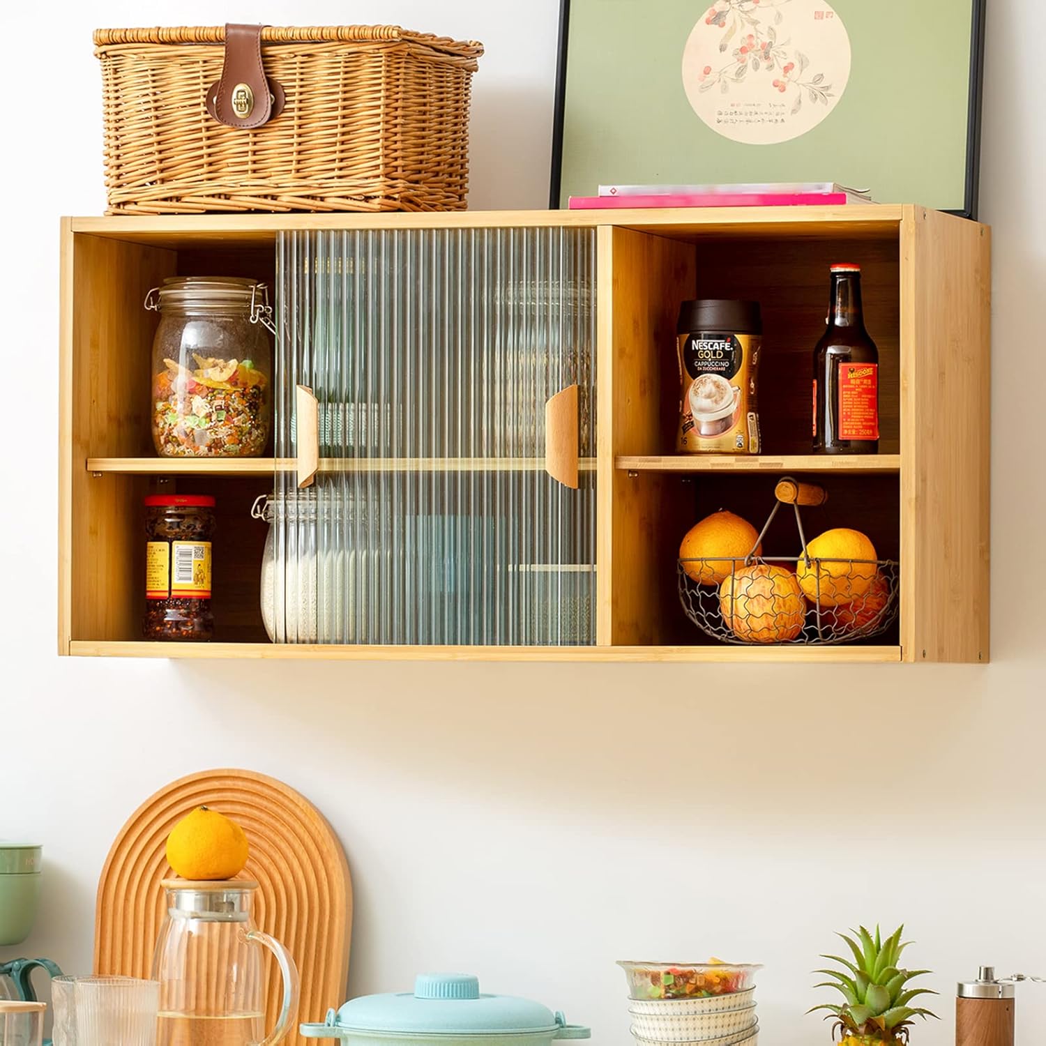 HollyHOME Small Bamboo Kitchen Pantry Sideboard with 2 Sliding Striped Glass Doors, Freestanding Countertop Storage Cabinet for Bottles, Dish, Bowl, Console Dining Cupboard, Walnut