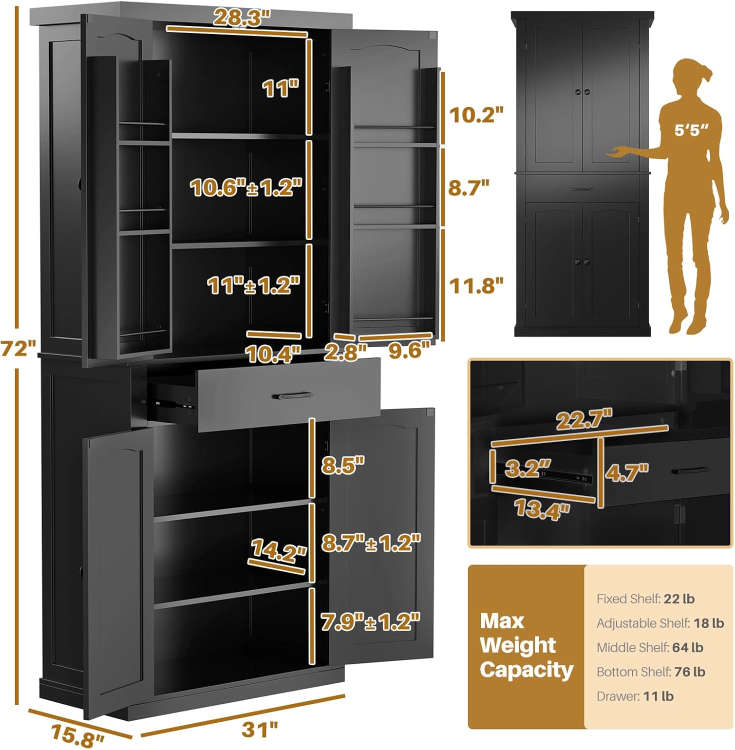 HollyHOME Kitchen Pantry Cabinet Black（4-Door）