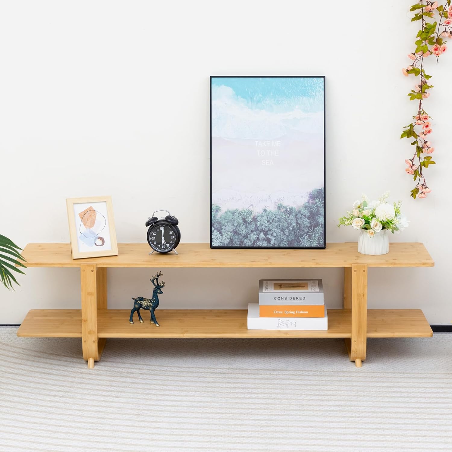 HollyHOME 55"(L) Burlywood Bamboo TV Stand with Storage