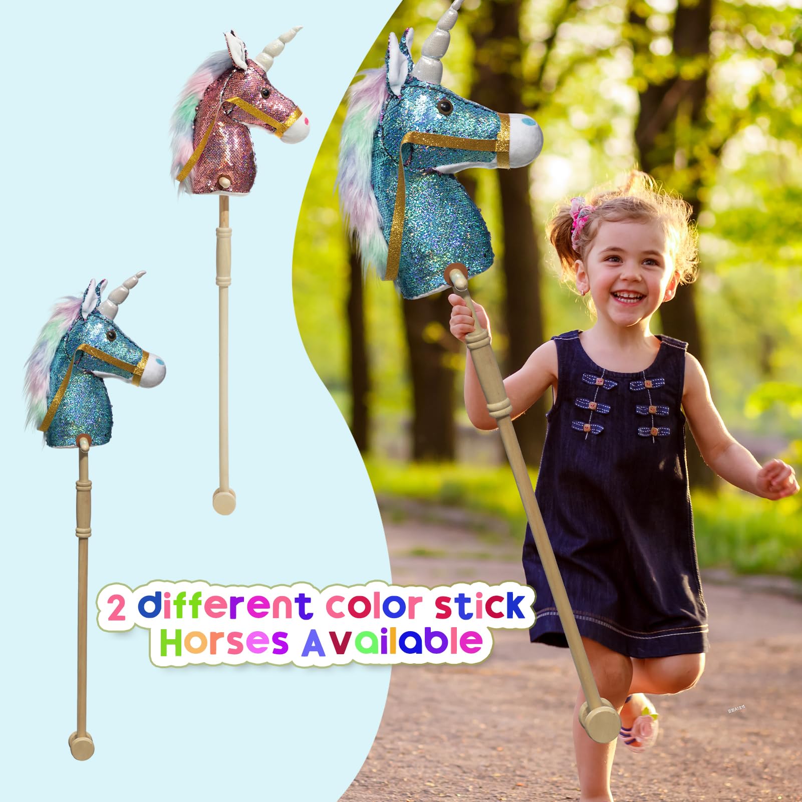 HollyHOME Unicorn Stick Horse with Wood Wheels Real Pony Neighing and Galloping Sounds Plush Unicorn Toy Pink with Rainbow Mane 36 Inches(AA Batteries Required)