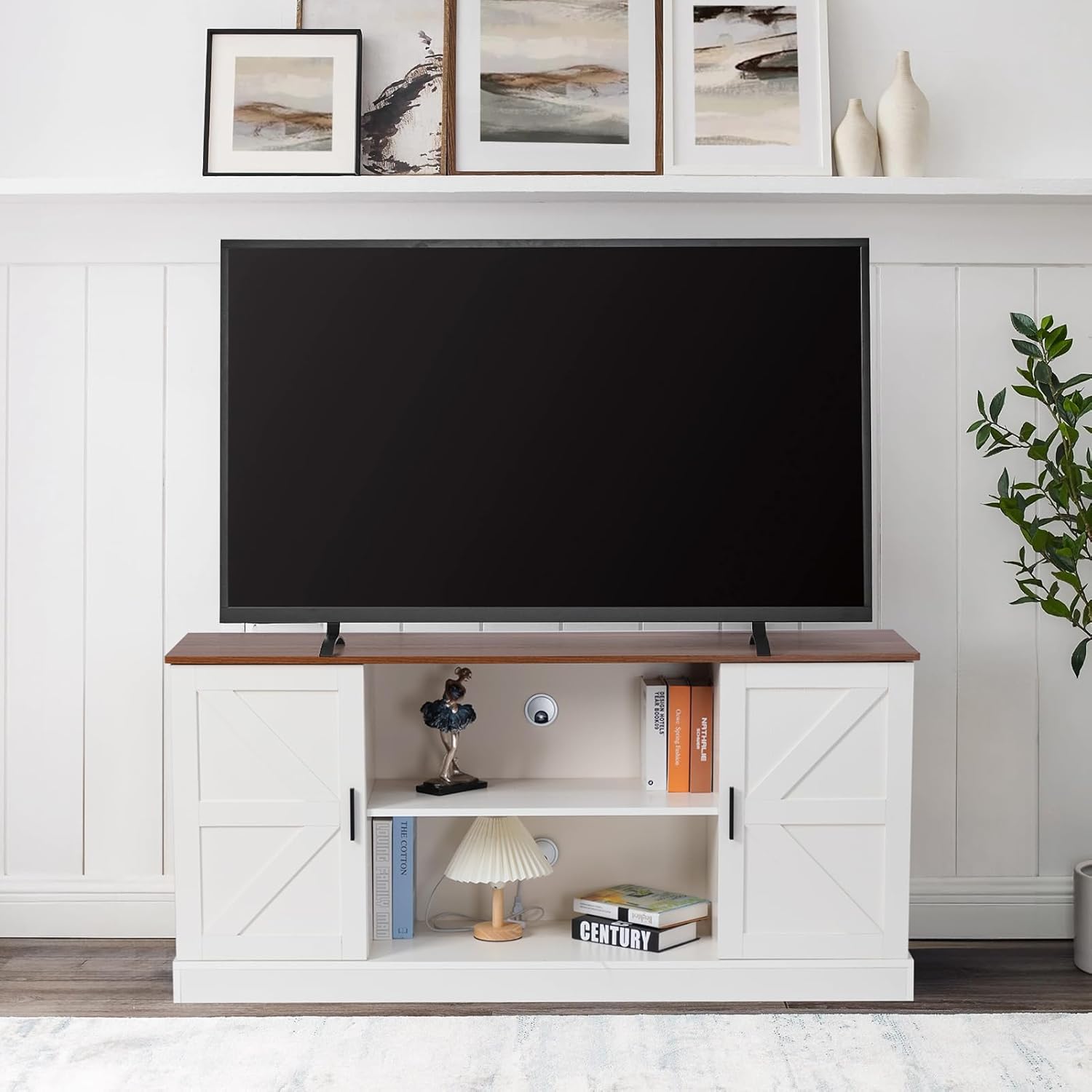 HollyHOME White Farmhouse TV Stand for Televisions up to 65”
