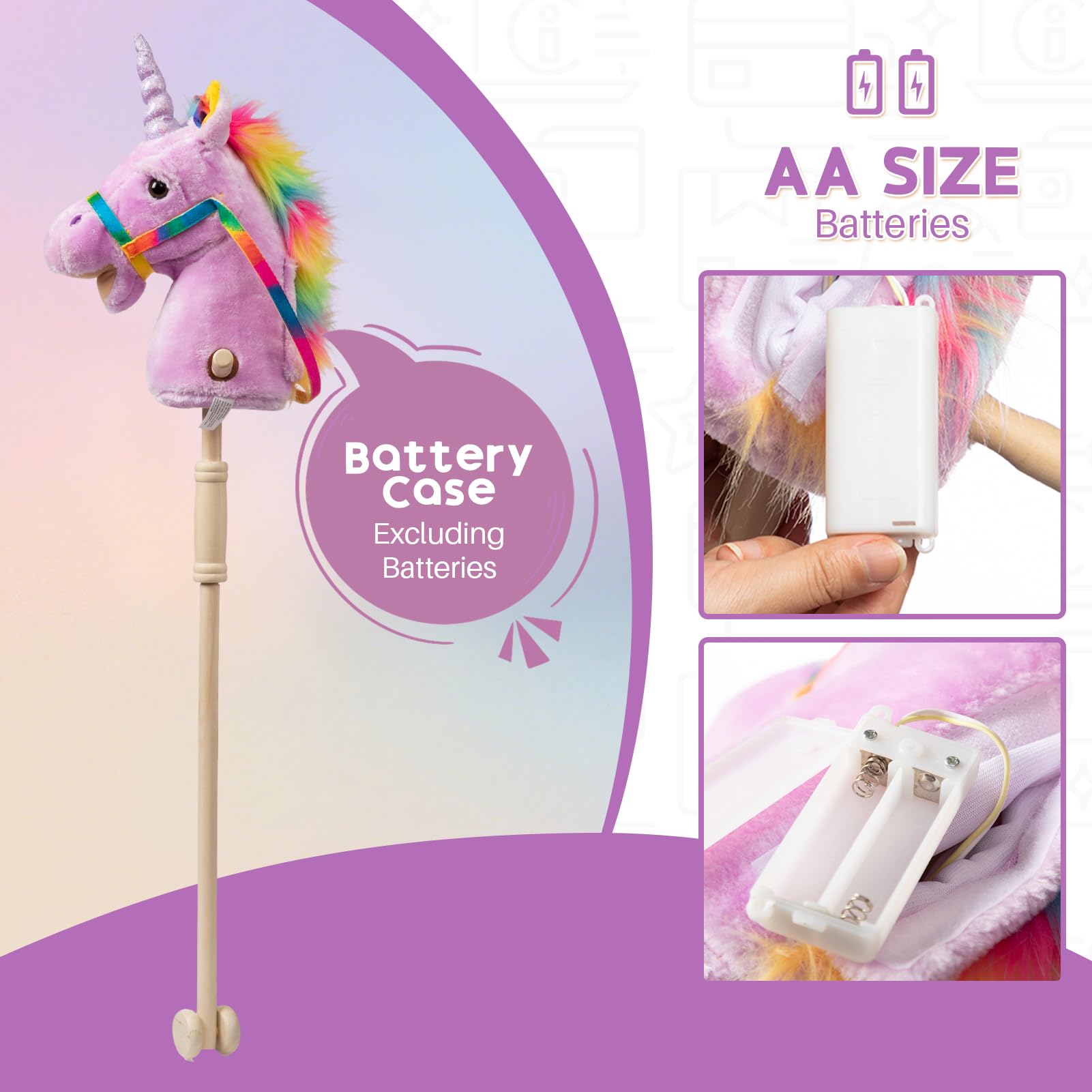HollyHOME Unicorn Stick Horse with Wood Wheels Real Pony Neighing and Galloping Sounds Plush Unicorn Toy Pink with Rainbow Mane 36 Inches(AA Batteries Required)