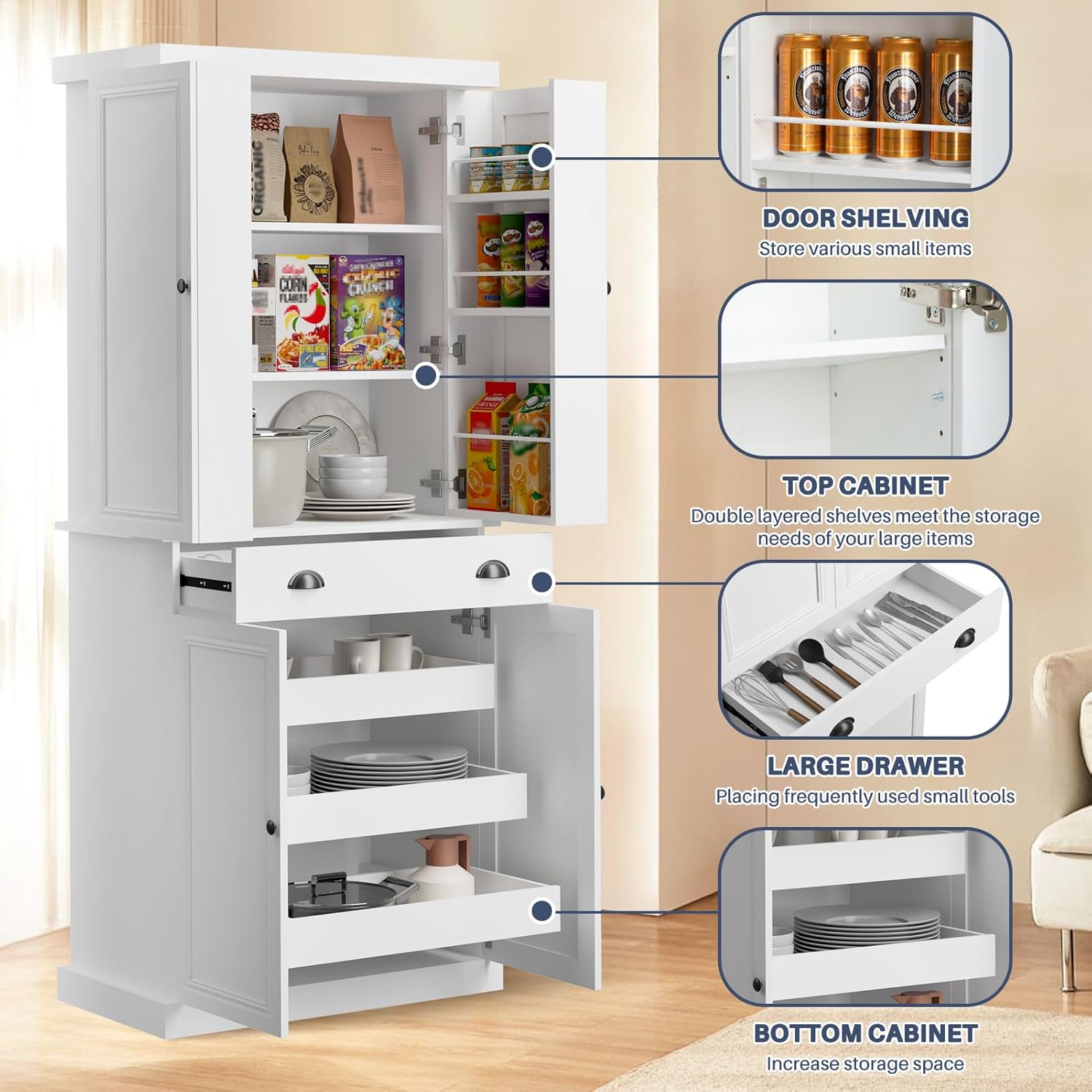 HollyHOME Kitchen Pantry Cabinet White（4-Door with Sliding Shelves）