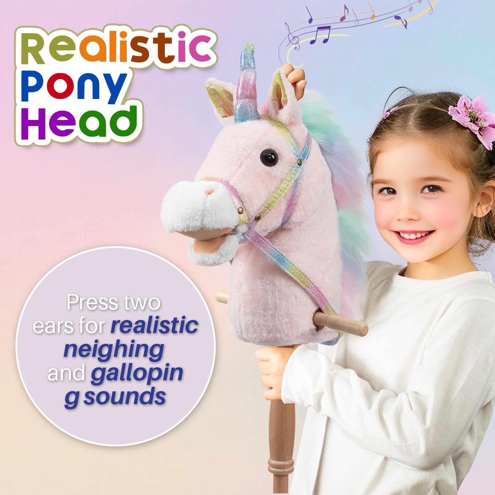 HollyHOME Unicorn Stick Horse with Wood Wheels Real Pony Neighing and Galloping Sounds Plush Unicorn Toy Pink with Rainbow Mane 36 Inches(AA Batteries Required)