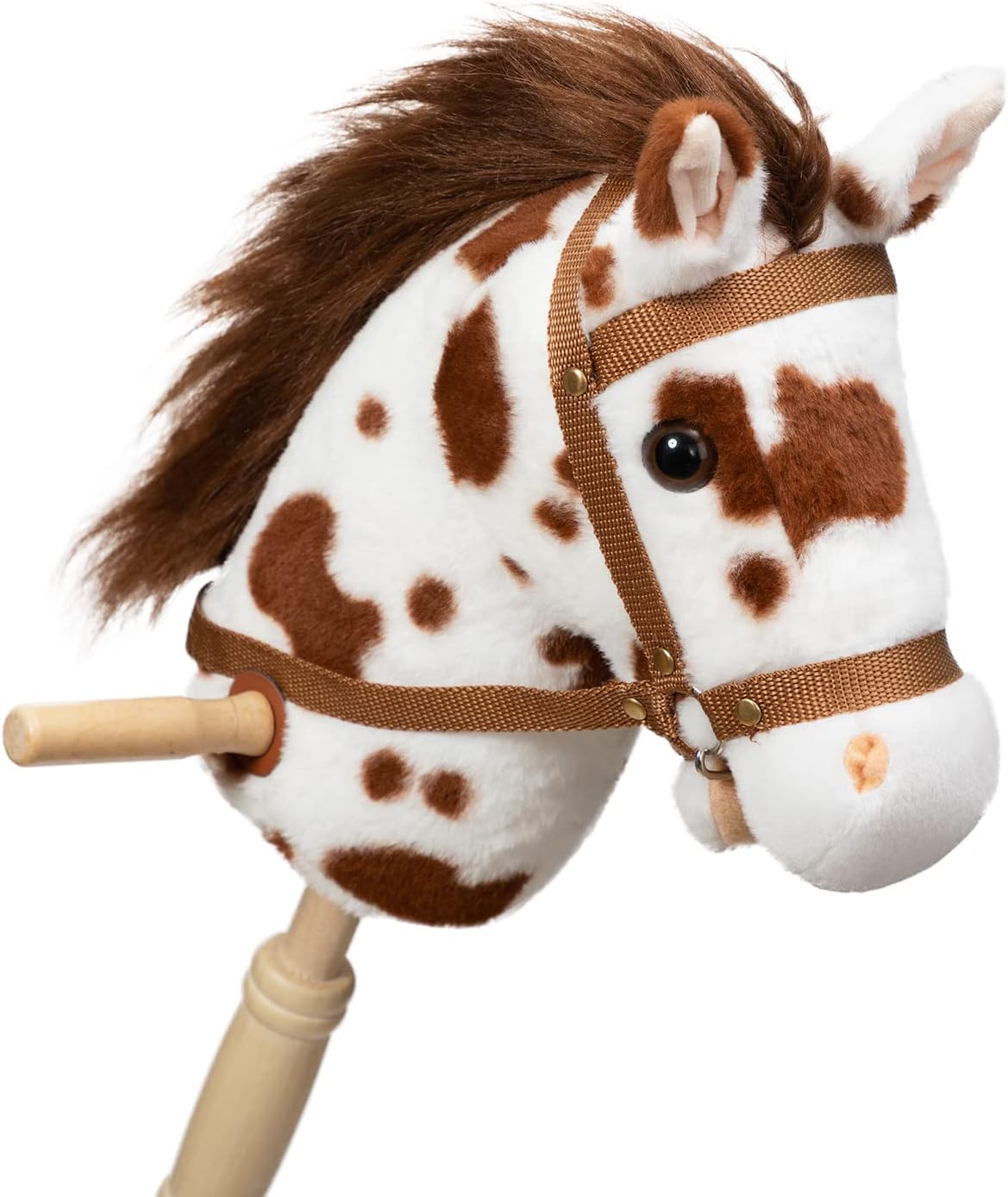 HollyHOME Stick Horse Plush Handcrafted Hobby Horse on a Stick with Wood Wheels Real Pony Neighing and Galloping Sounds for Kids Toddlers Beige 36 Inches(AA Batteries Required)