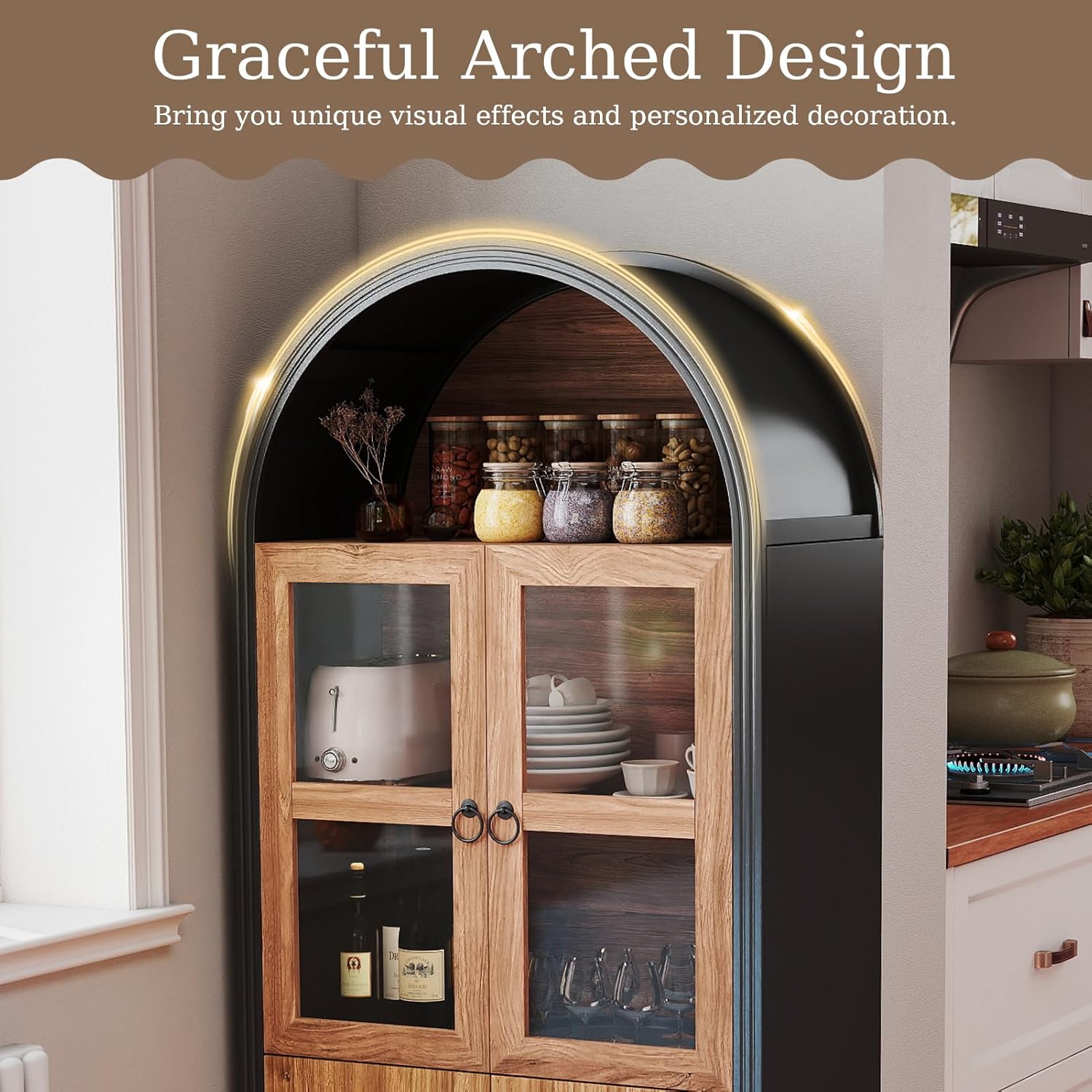 HollyHOME 66.6" Arched Kitchen Pantry Cabinet