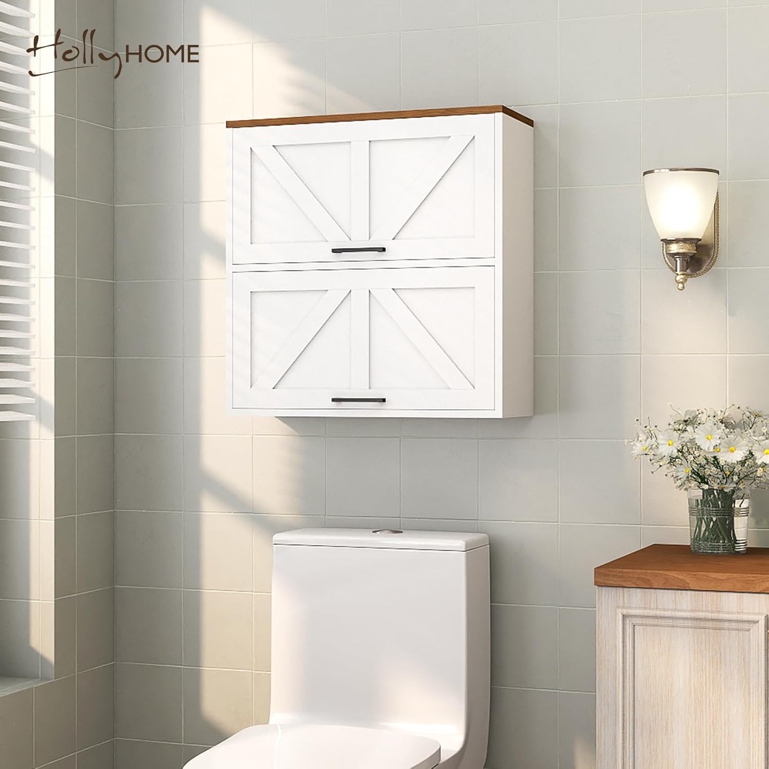 HollyHOME Farmhouse Wall Wood Medicine Cabinet for Bathroom, Kitchen, Living Room, White & Walnut Finish