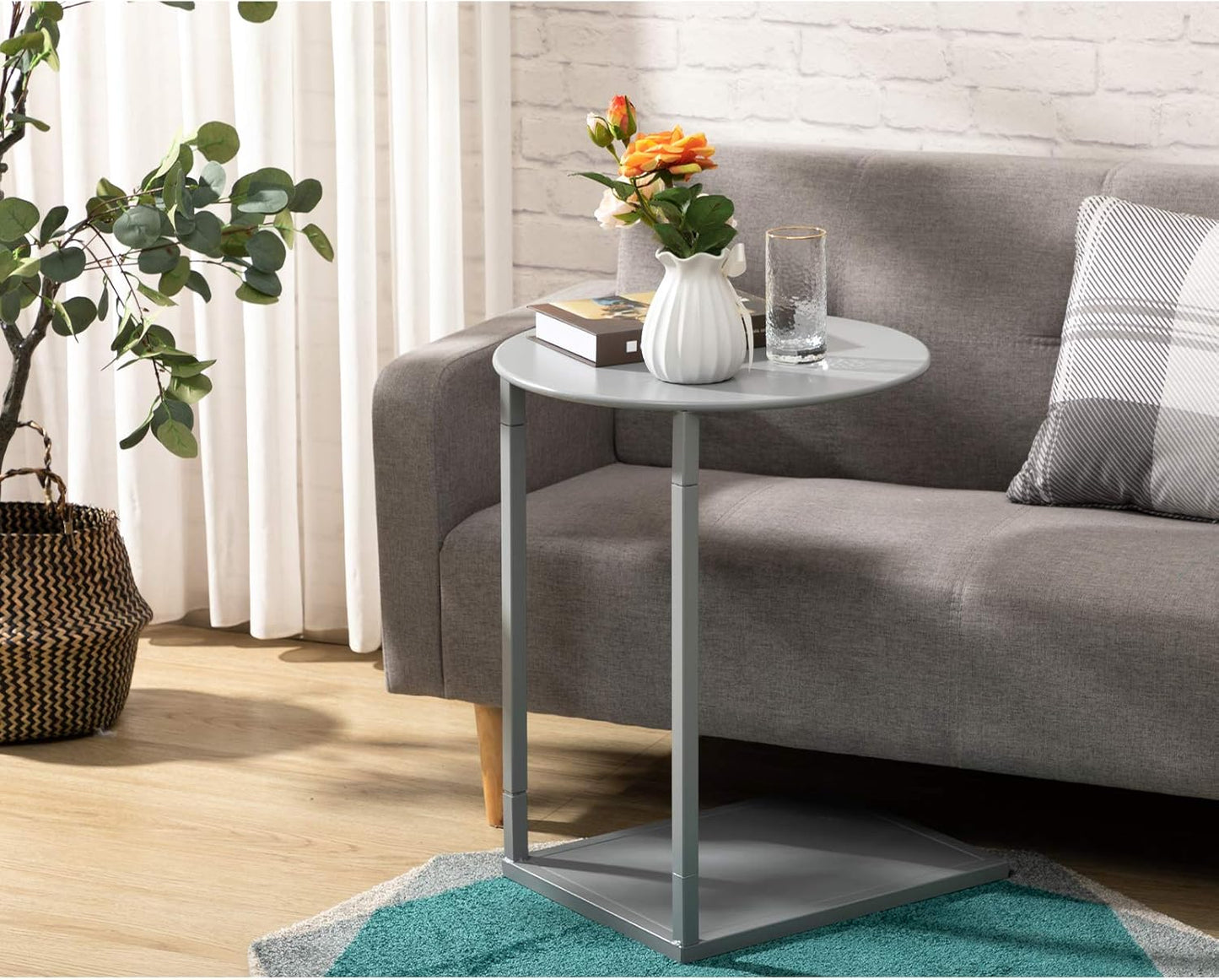 HollyHOME Round&Rectangle Metal End Side Table, Accent Anti-Rust Waterproof Simplistic Sofa Table, Modern Outdoor&Indoor Characteristic Coffee Table, (D)18.03"x(H)23.03"x(L)17.24"x(W)13.27", Grey