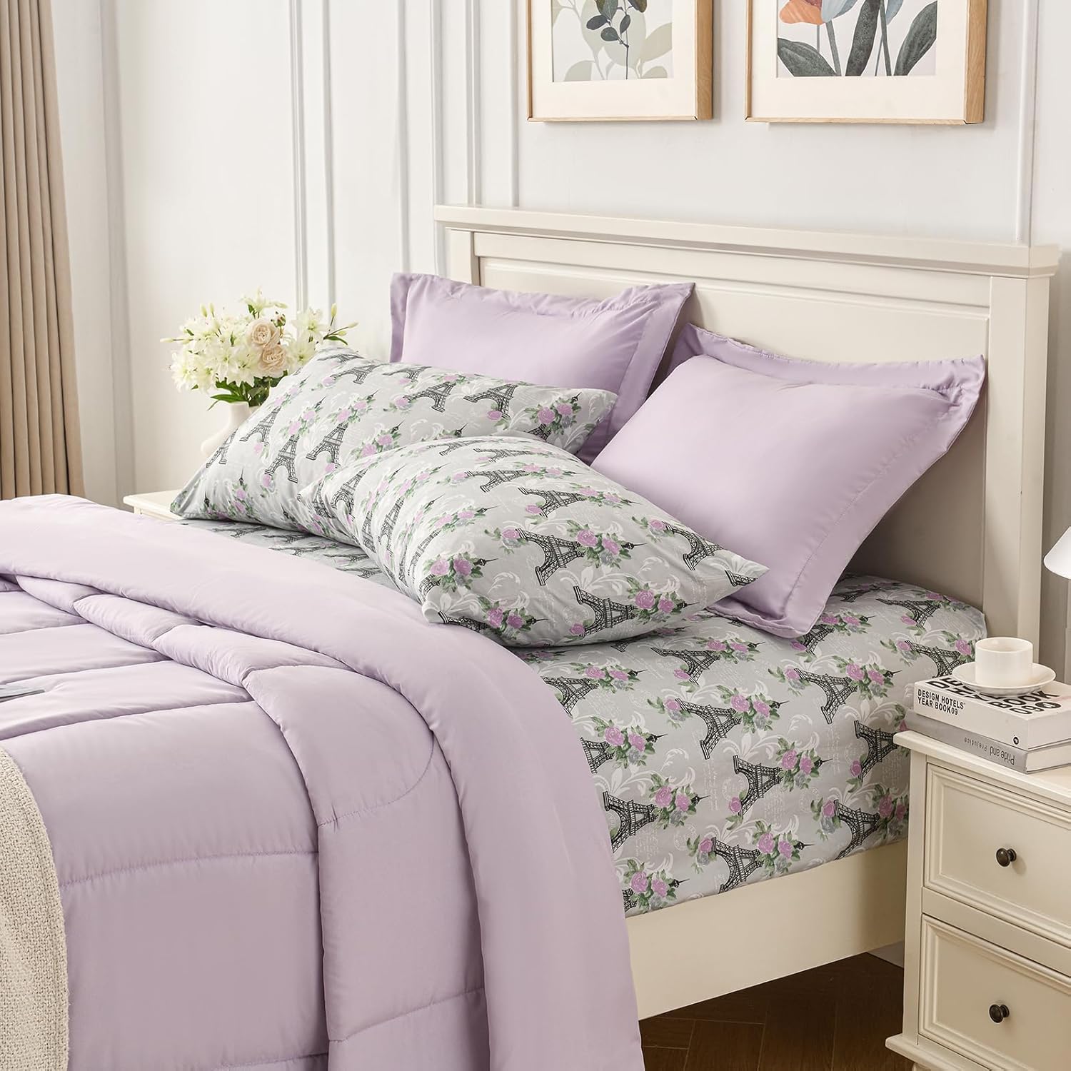 HollyHOME Queen Comforter Set, 7 Pieces Bedding Set, Purple Comforter Set with Eiffel Tower Floral Sheet Set, Queen Size Bed in a Bag for All Season, Light Purple