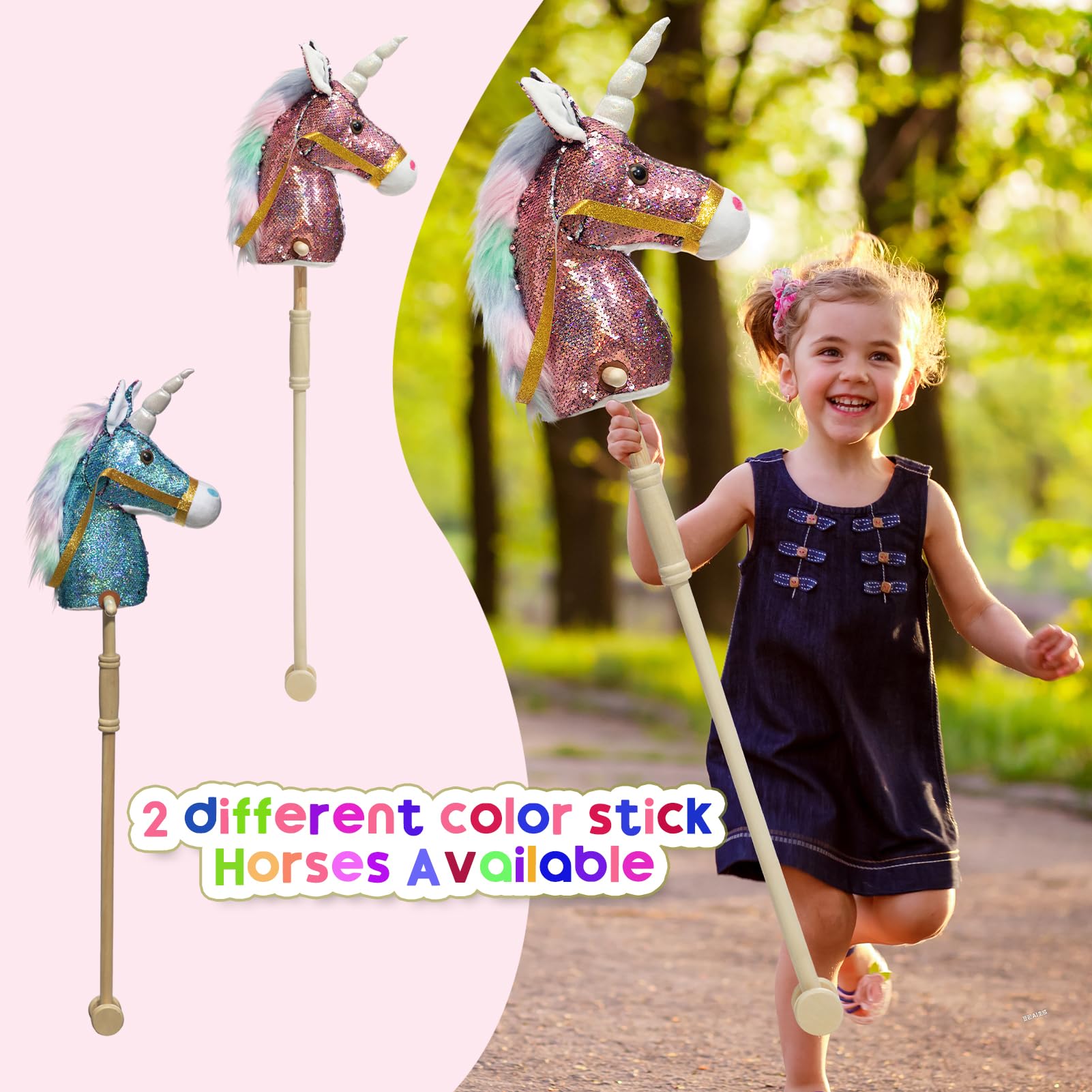 HollyHOME Unicorn Stick Horse with Wood Wheels Real Pony Neighing and Galloping Sounds Plush Unicorn Toy Pink with Rainbow Mane 36 Inches(AA Batteries Required)