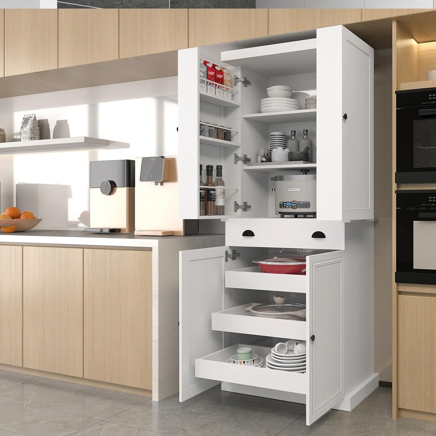 HollyHOME Kitchen Pantry Cabinet White（4-Door with Sliding Shelves）
