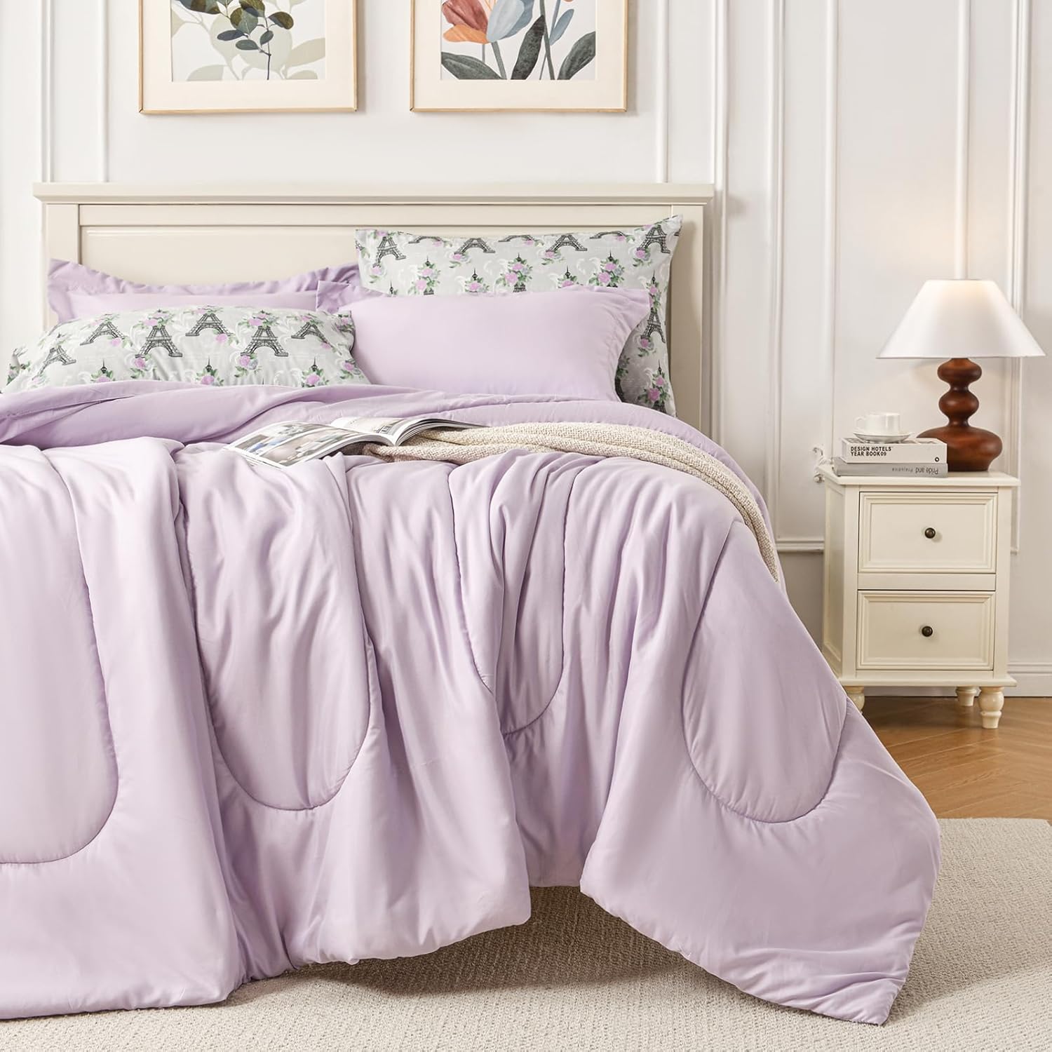 HollyHOME Queen Comforter Set, 7 Pieces Bedding Set, Purple Comforter Set with Eiffel Tower Floral Sheet Set, Queen Size Bed in a Bag for All Season, Light Purple