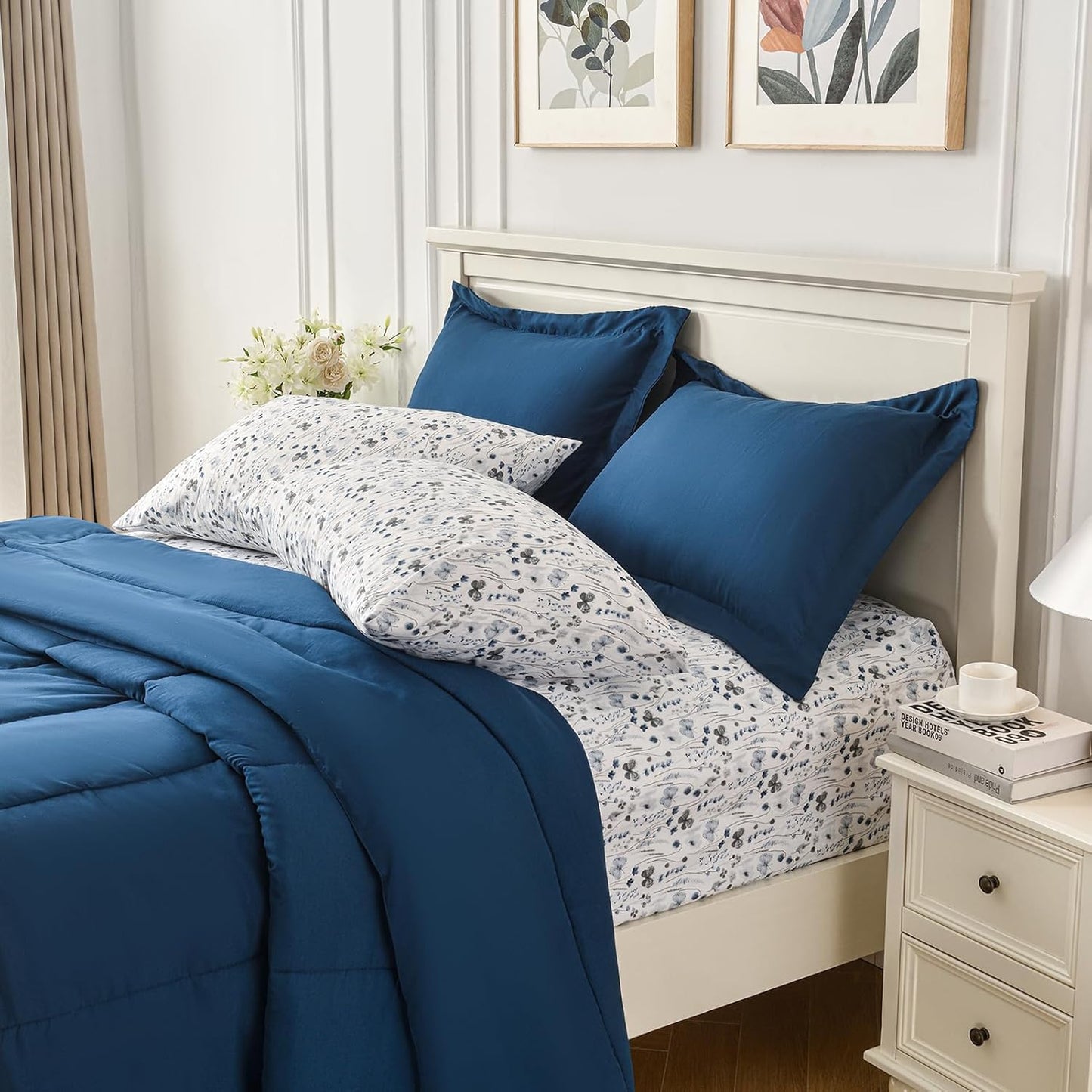 HollyHOME King Comforter Set, 7 Pieces Bedding Set, Blue Comforter Set with Ink Wash Butterfly Floral Sheet Set, King Size Bed in a Bag for All Season, Navy Blue