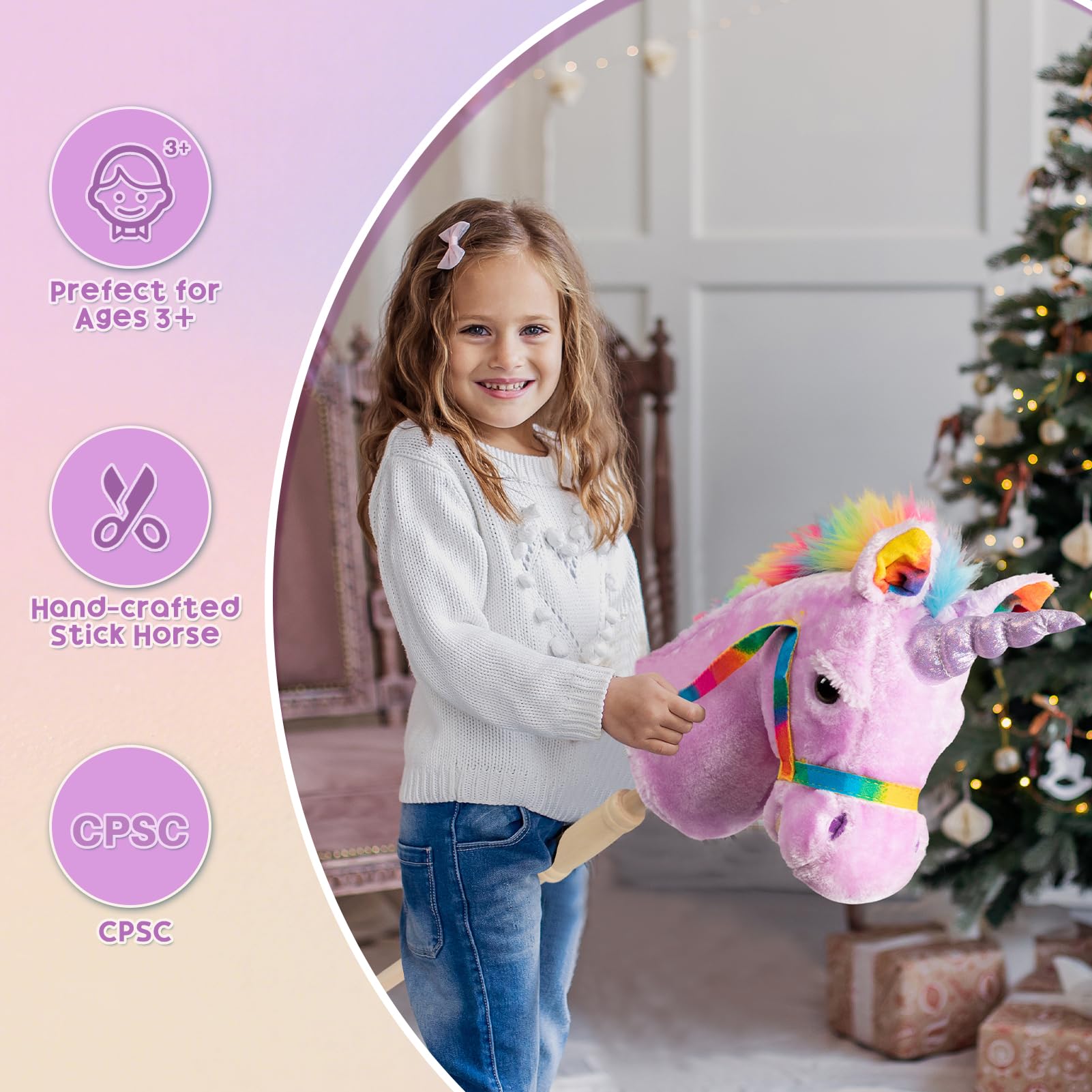 HollyHOME Unicorn Stick Horse with Wood Wheels Real Pony Neighing and Galloping Sounds Plush Unicorn Toy Pink with Rainbow Mane 36 Inches(AA Batteries Required)