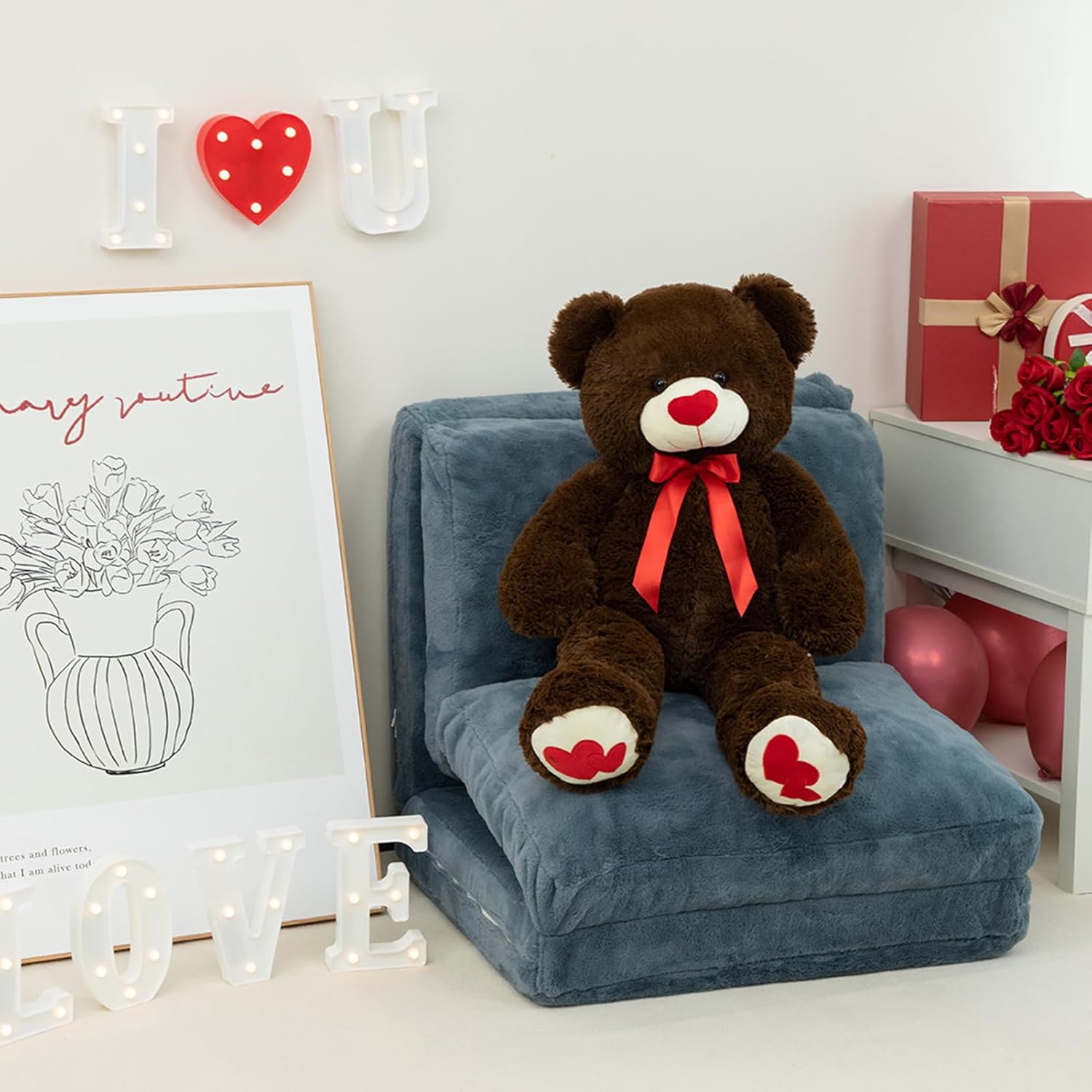 HollyHOME Big Teddy Bear Stuffed Animal Large Bear Plush with Red Heart for Girlfriend and Kids Valentine's Day 36 inch Beige