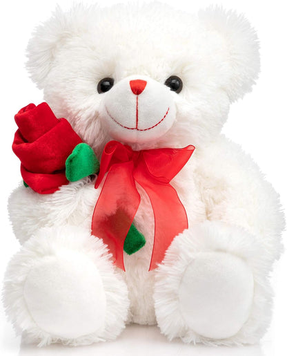 HollyHOME Teddy Bear Stuffed Animal Rose Bear with Red Bow Soft Plush Toy Holiday Valentine's Day Gift 12 Inches White