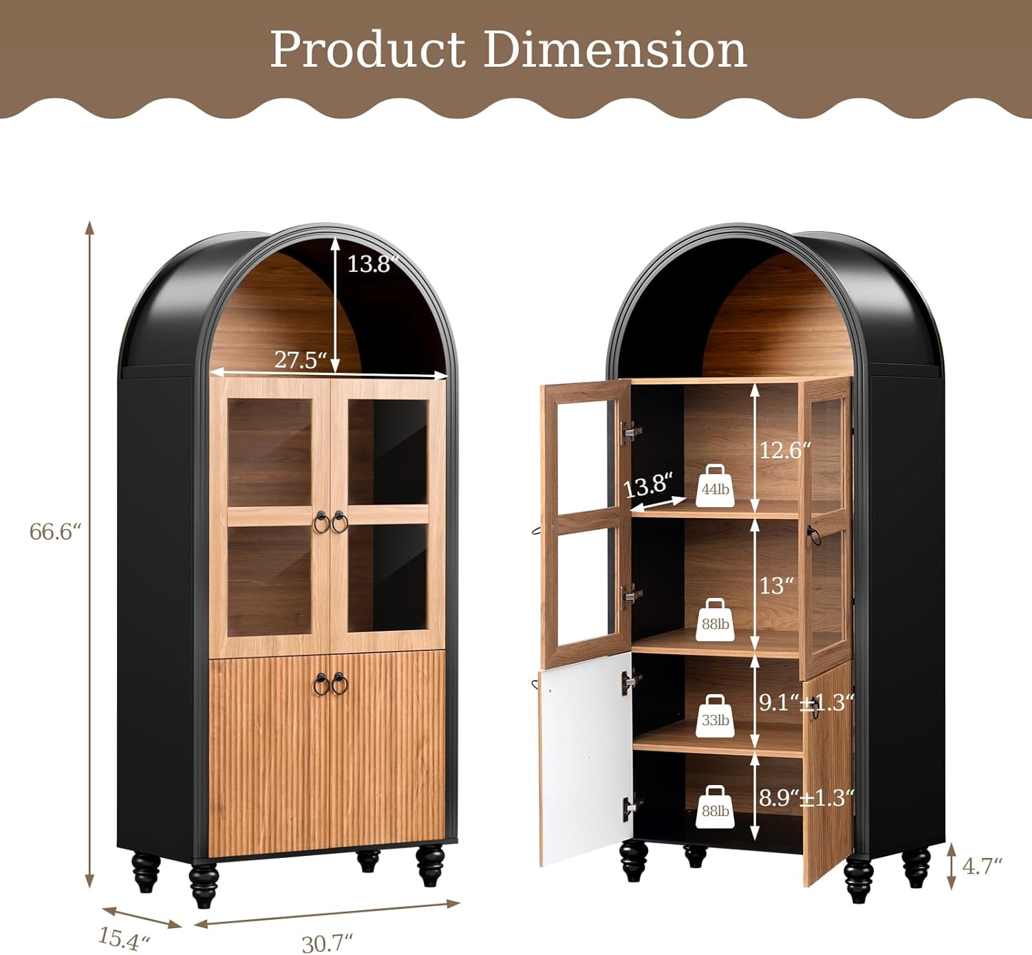 HollyHOME 66.6" Arched Kitchen Pantry Cabinet