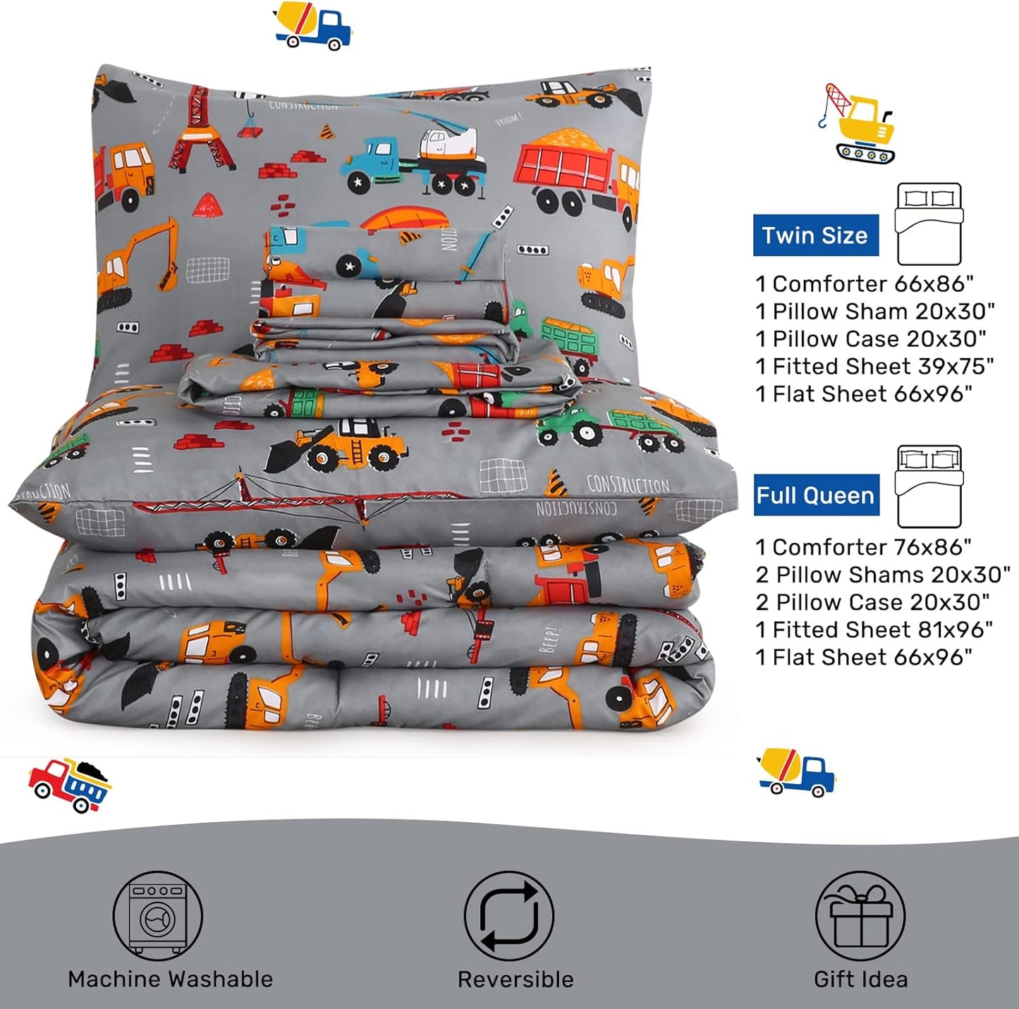 HollyHOME 5Pcs Car Bed in A Bag Truck Tractor Excavator Under Construction Vehicle Print Comforter Set, Soft Microfiber Bedding All Season Room Decor for Adult Teens Boys, Twin, Grey